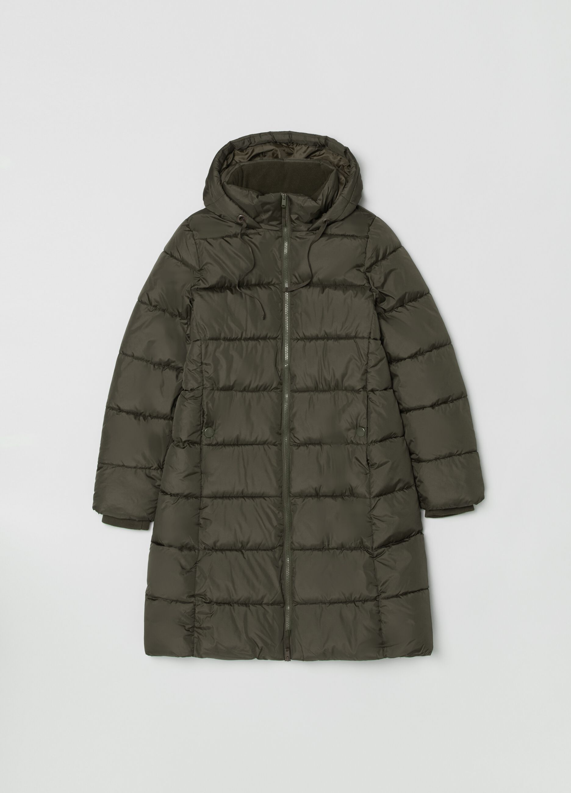 Long quilted down jacket with hood