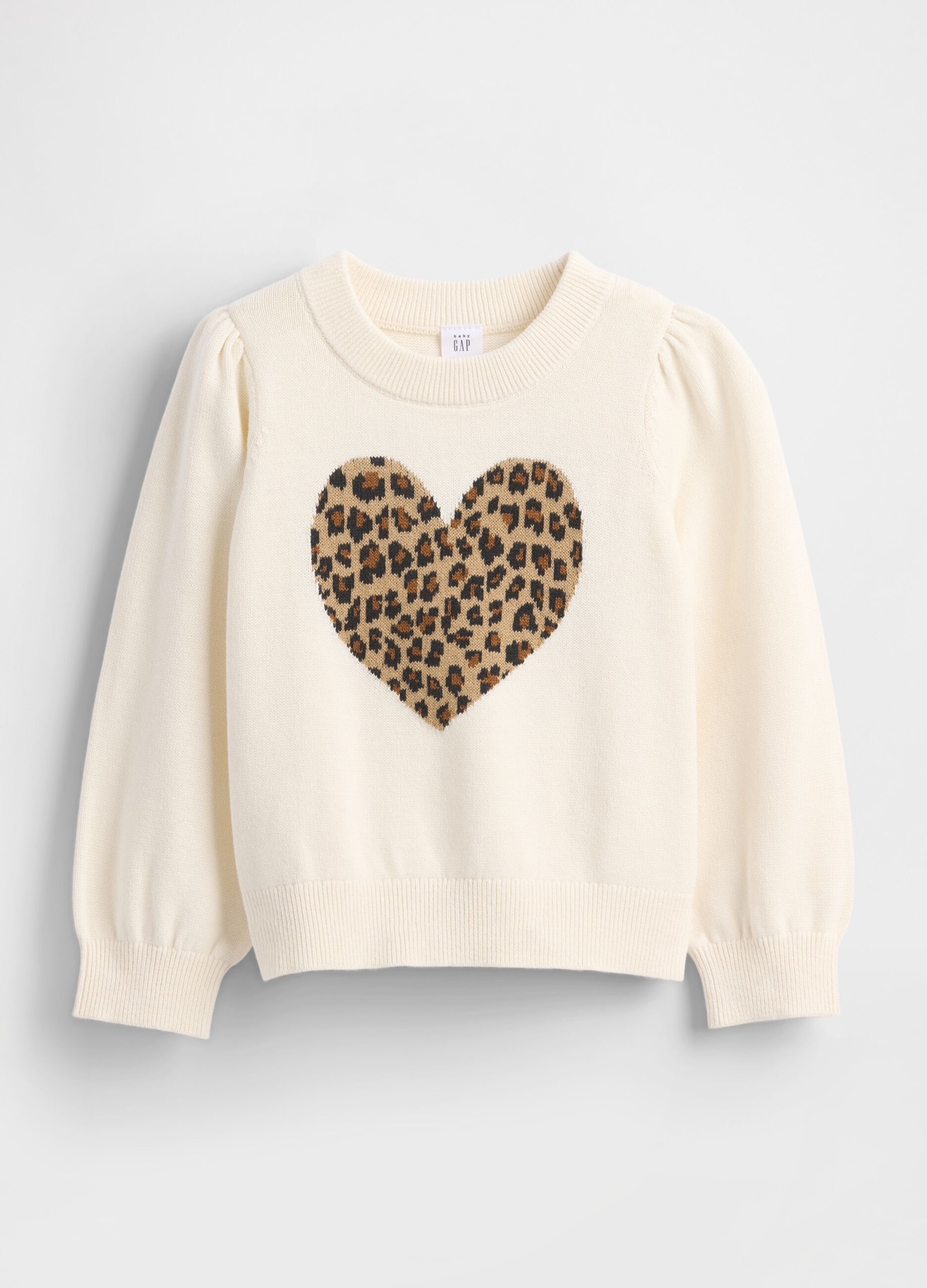 Maglione bianco in cotone con cuore leopardato