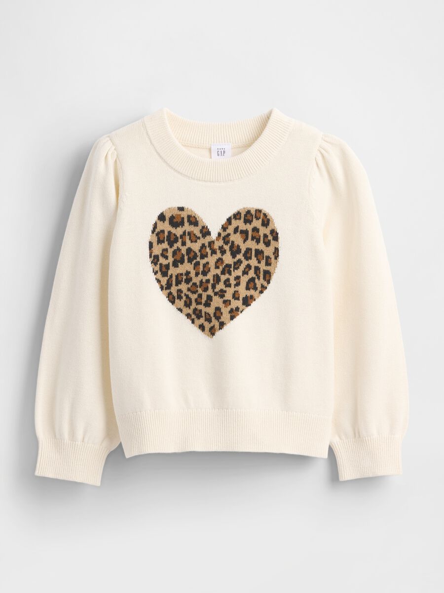 Maglione bianco in cotone con cuore leopardato Bimba_0