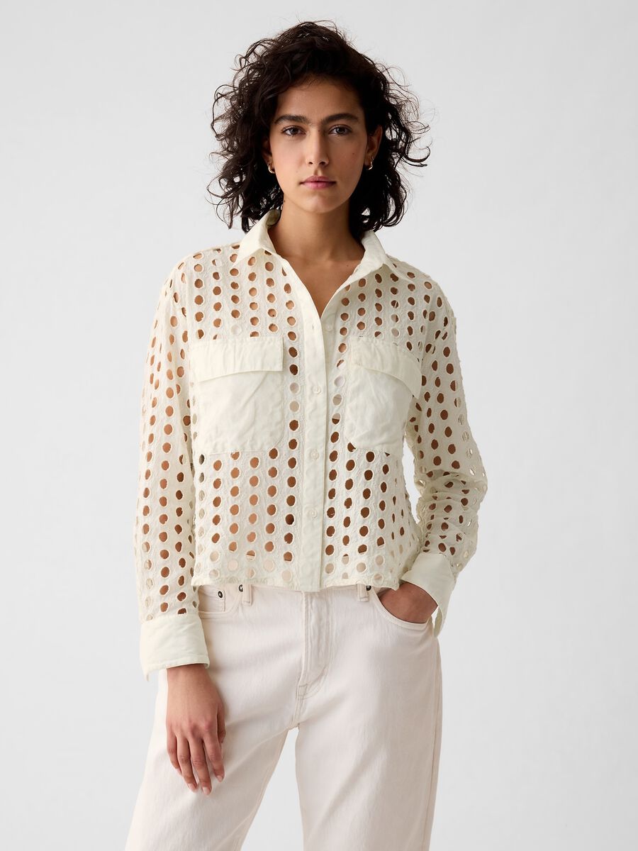Camicia cropped con dettagli traforati Donna_0