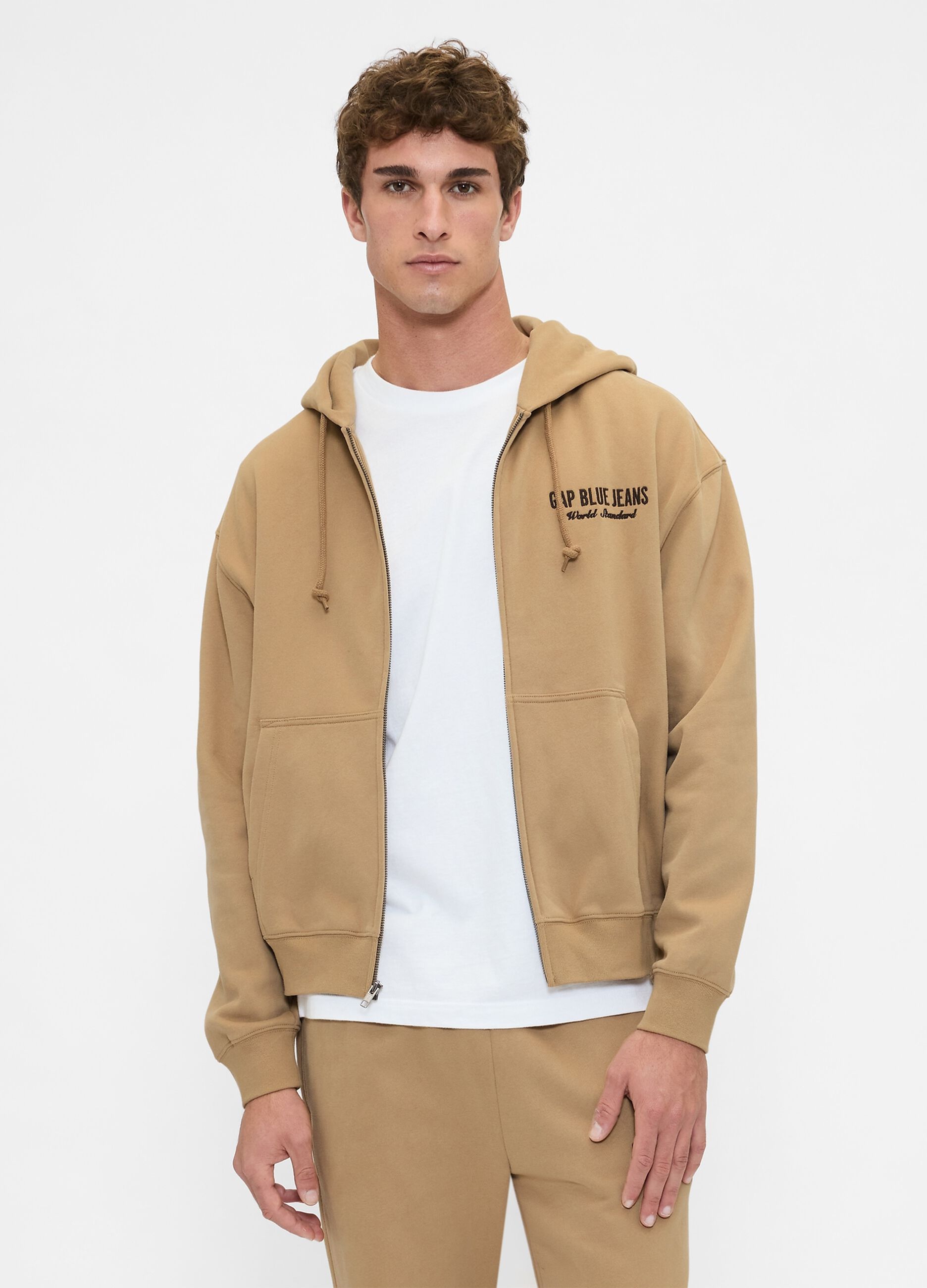 Felpa beige con cappuccio e zip integrale