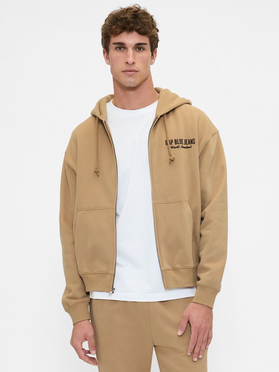 Felpa beige con cappuccio e zip integrale Uomo_0