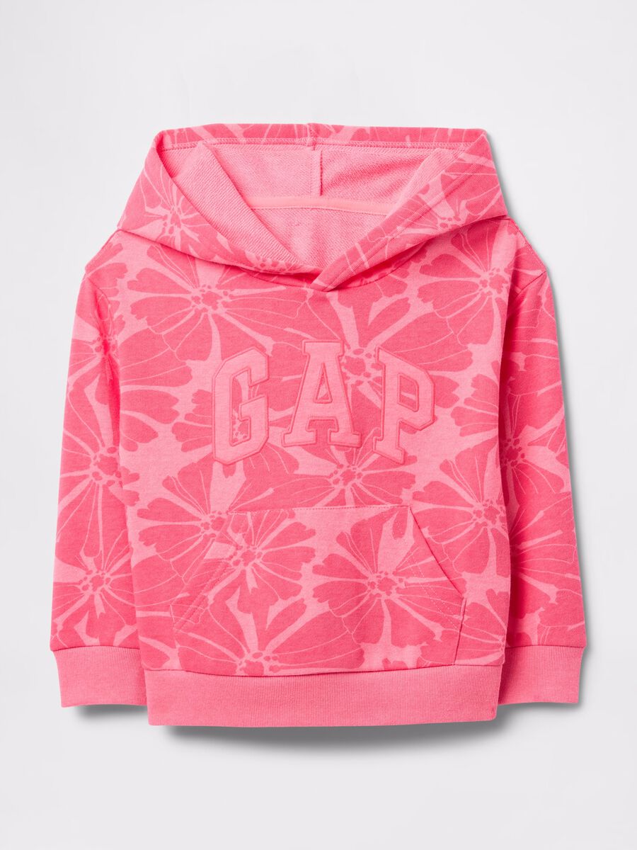 Felpa rosa in French Terry con cappuccio stampa fiori e ricamo logo Bimba_0