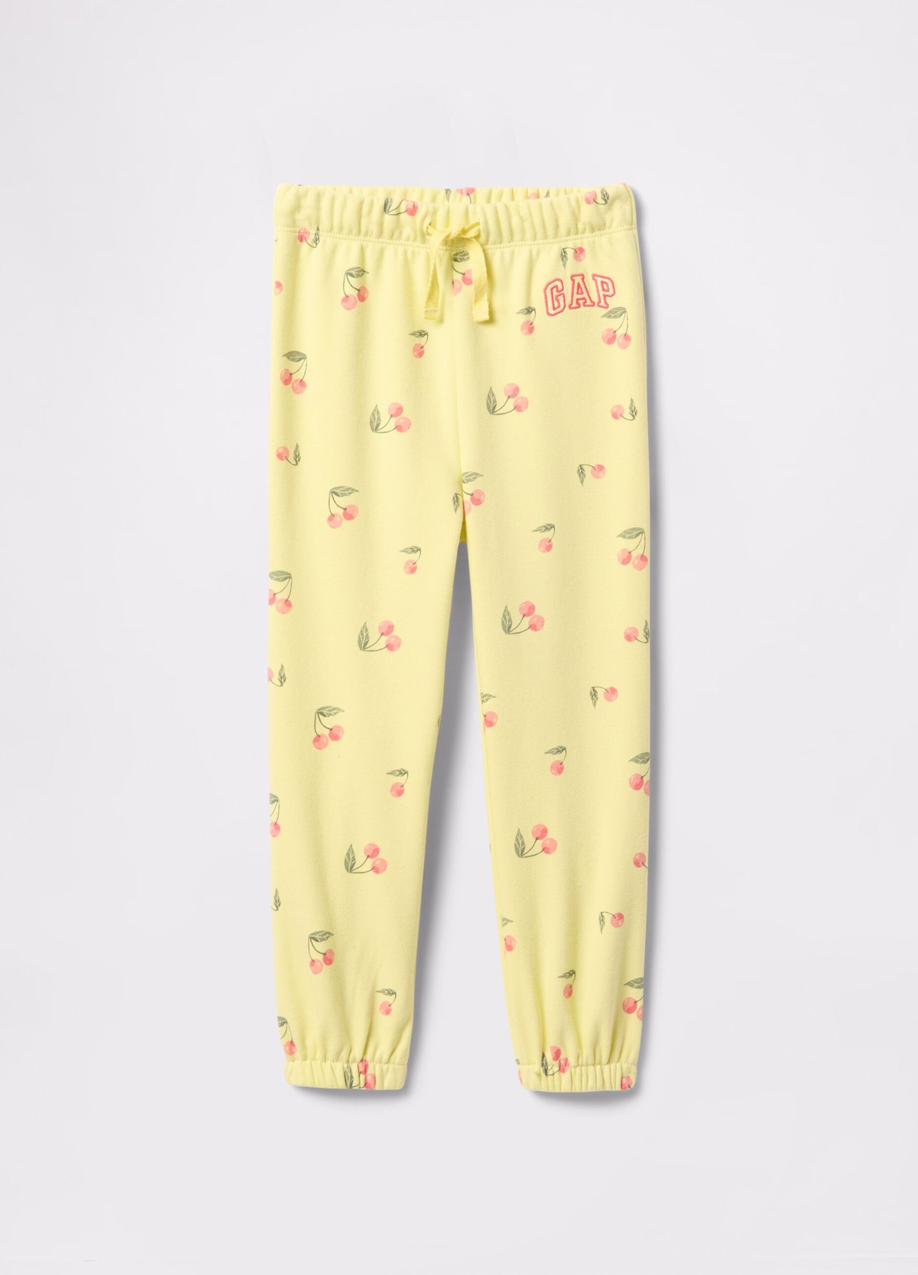 Joggers gialli con coulisse stampa ciliegie e ricamo logo