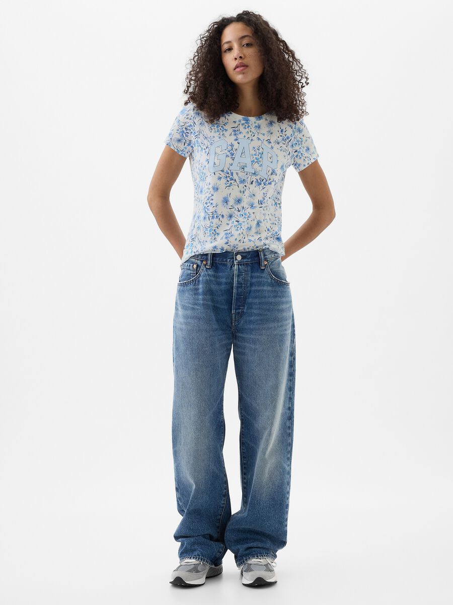 T-shirt floreale con stampa logo Donna_0