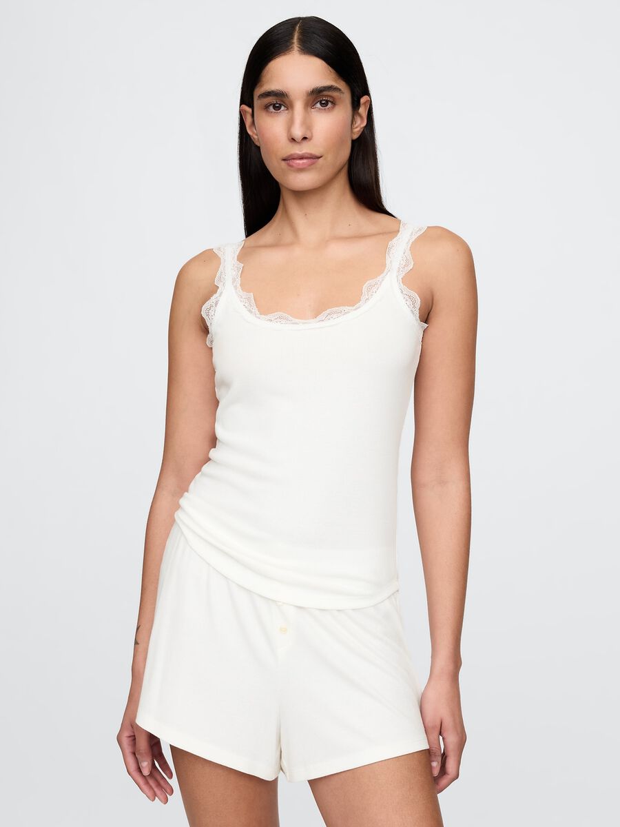 Pigiama bianco elasticizzato con dettagli in pizzo Donna_0
