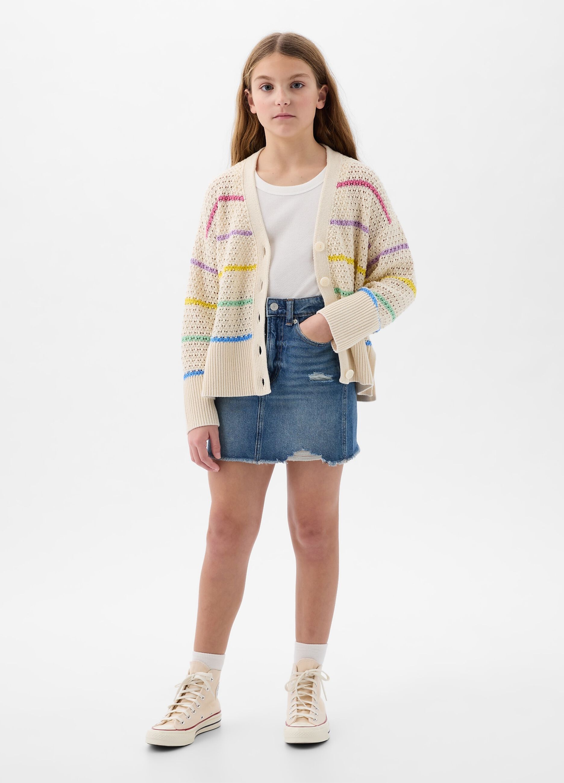 Cardigan with multicoloured striped pointelle stitch