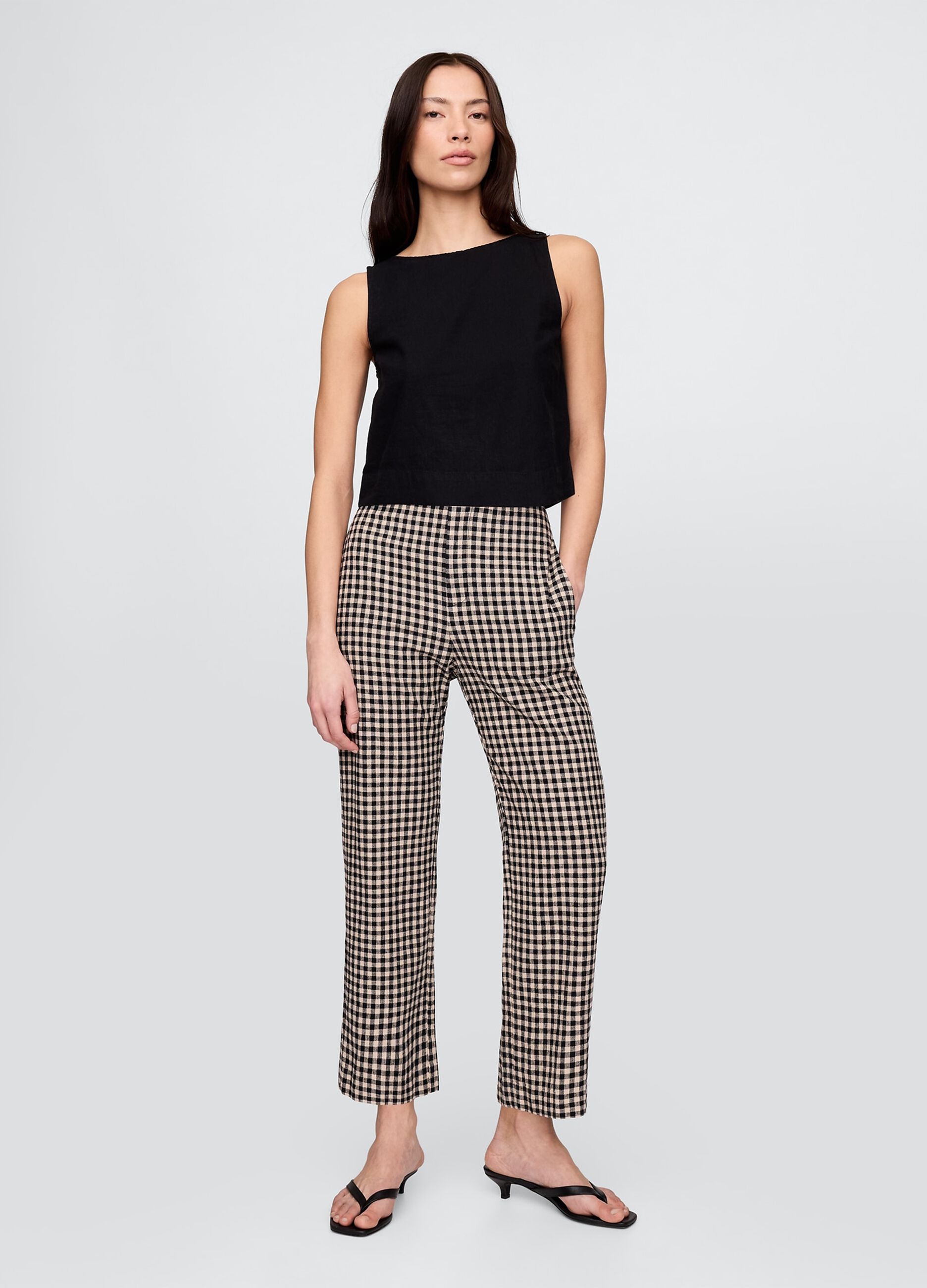 Pantaloni a quadri marrone e nero in lino e viscosa