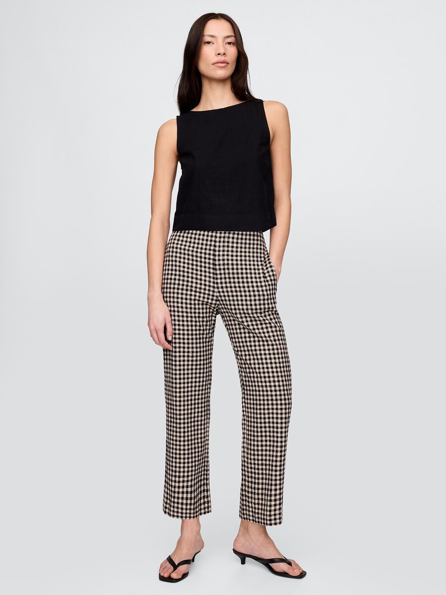 Pantaloni a quadri marrone e nero in lino e viscosa Donna_0