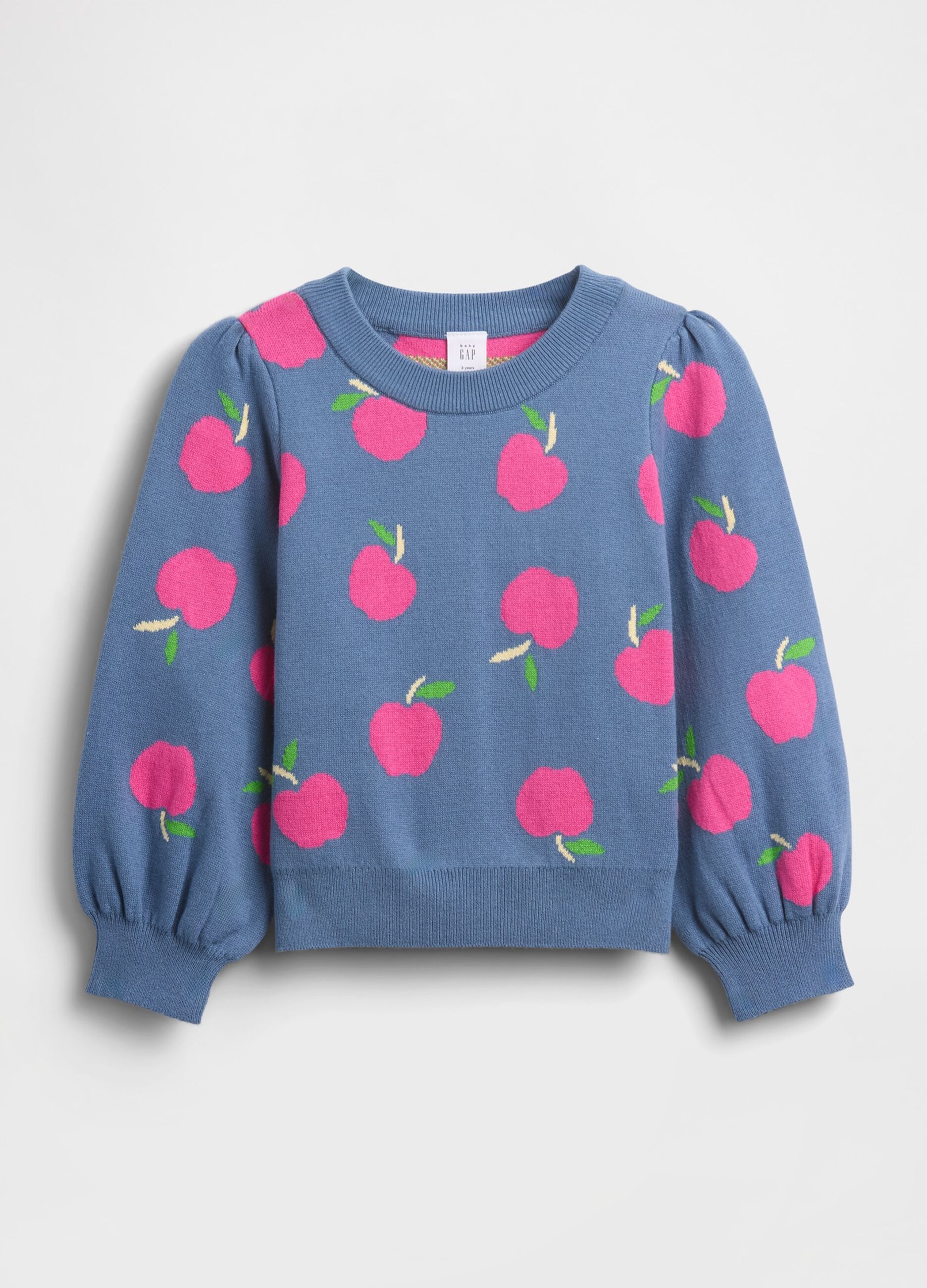 Maglione blu per bambina con stampa di mele