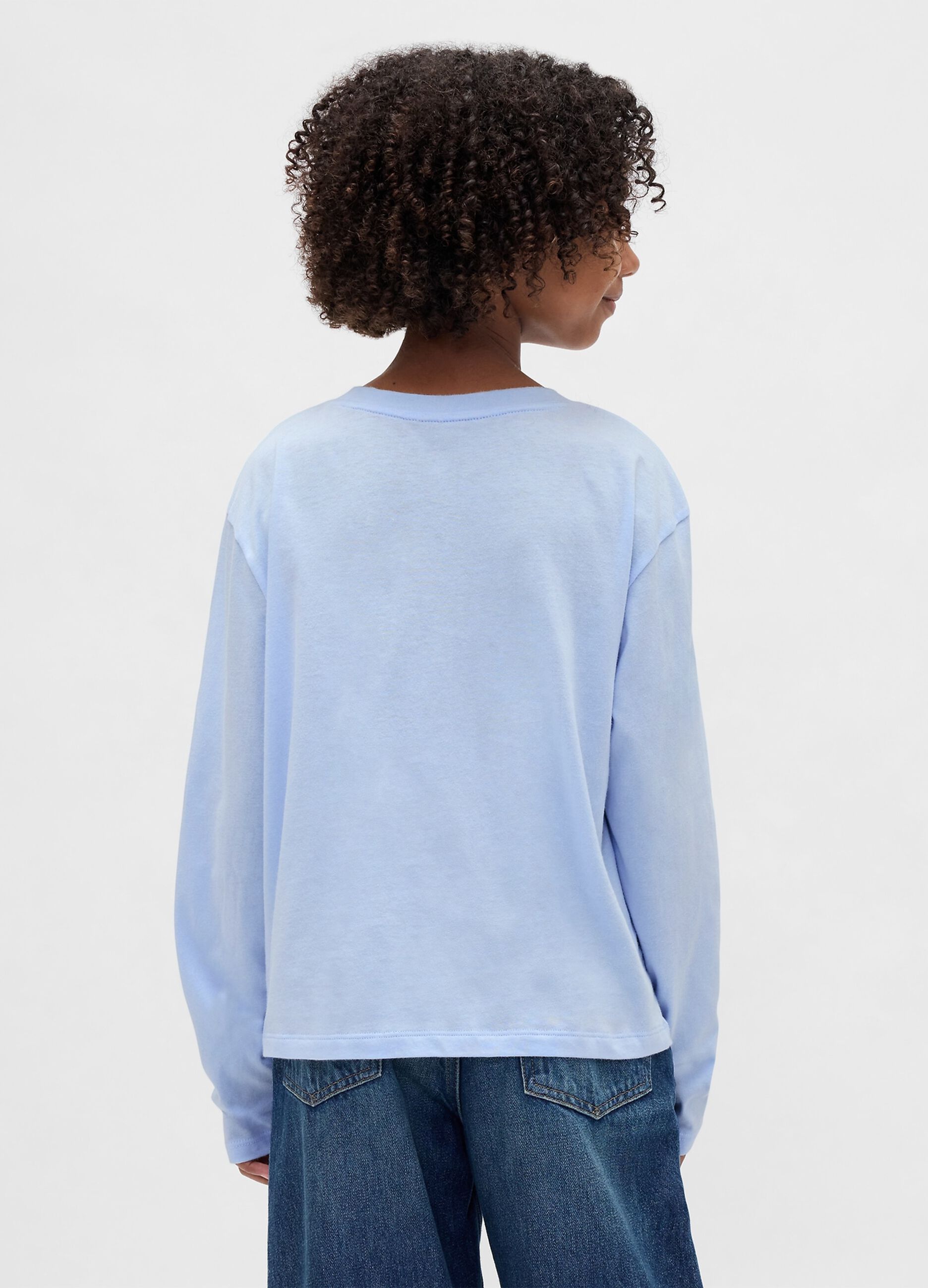 Blue long-sleeve cotton t-shirt with decorative hearts