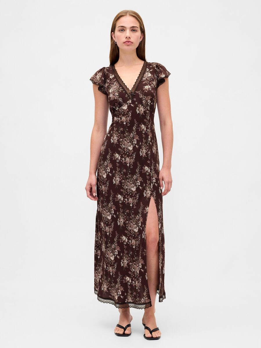 Vestito marrone in pura viscosa con stampa floreale Donna_0