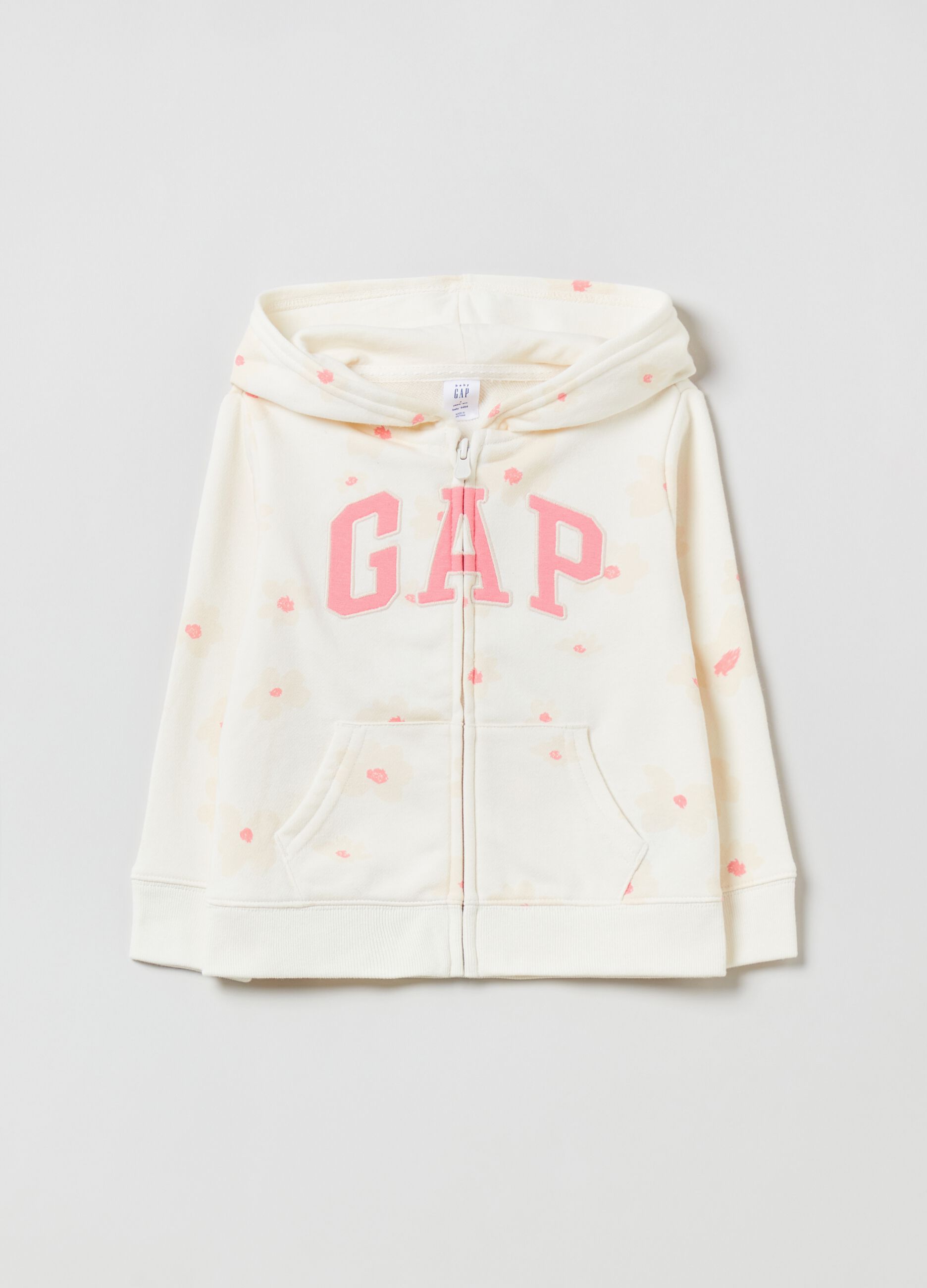 Full-zip hoodie with flower print and logo patch