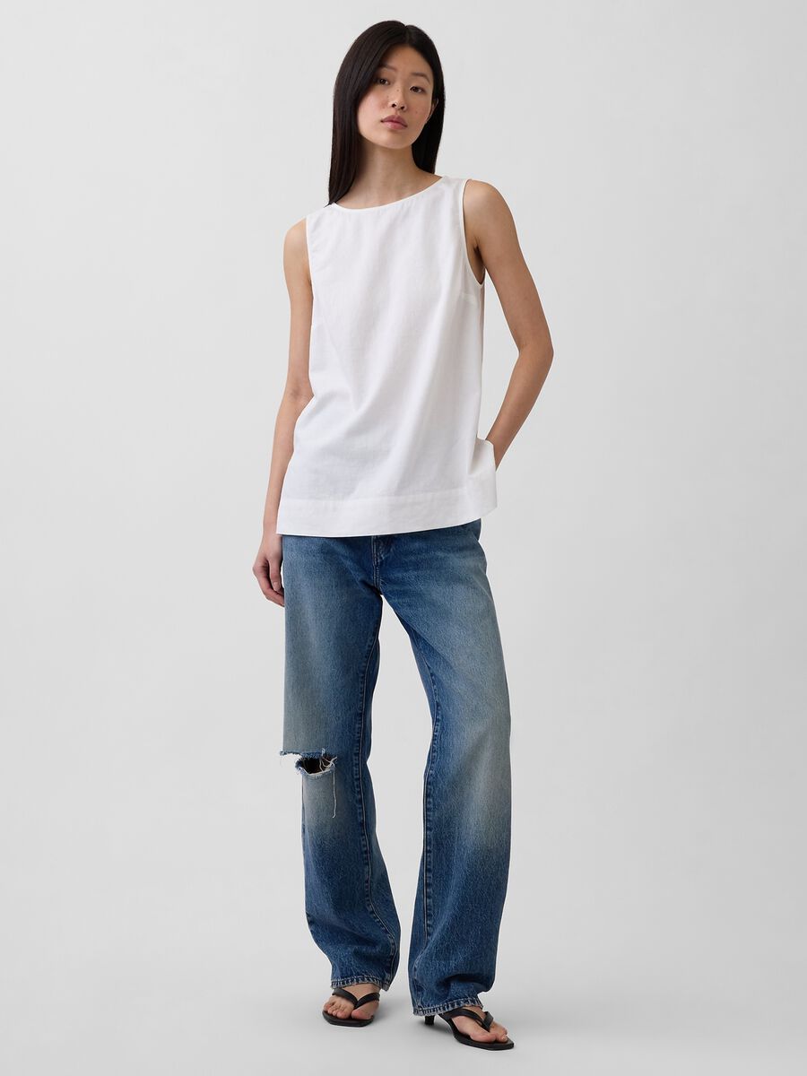 Top smanicato in misto lino Donna_4