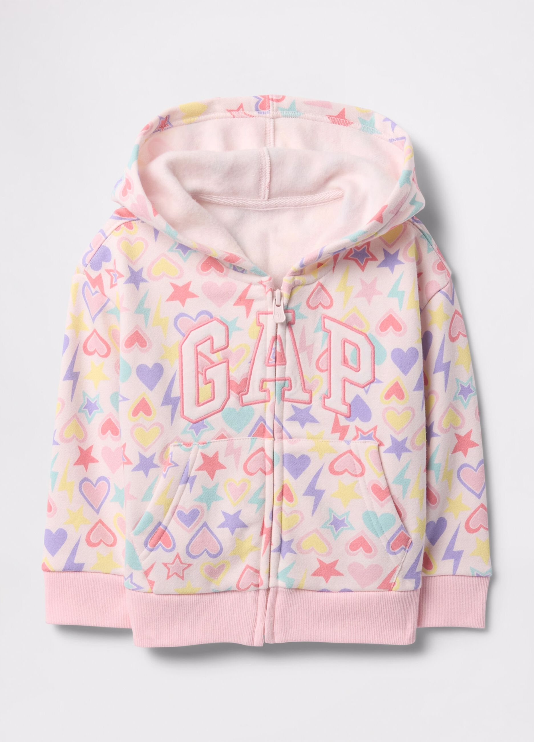 Full-zip rosa con cappuccio stampa cuori e stelle ricamo logo