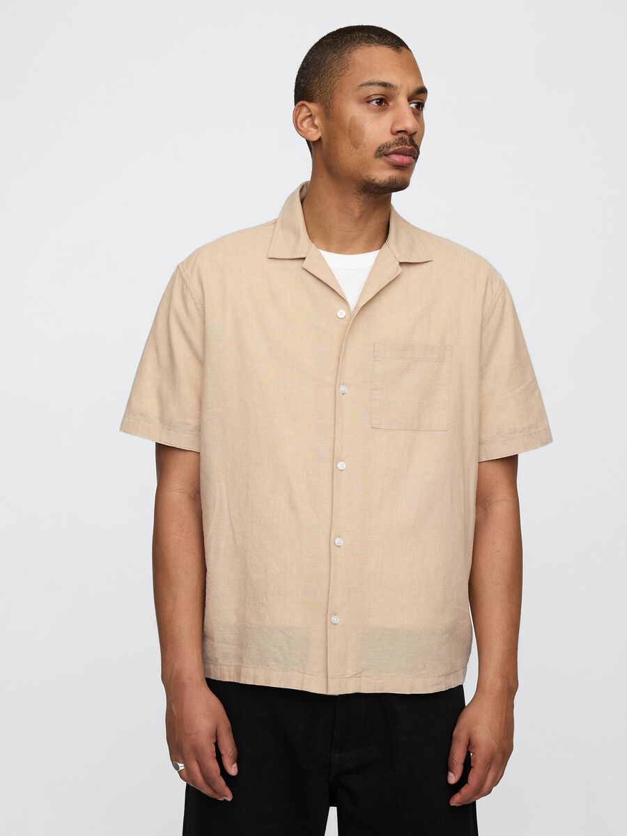 Camicia beige in lino a maniche corte Man_0