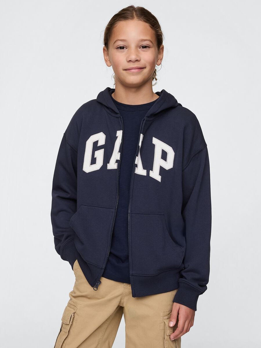 Felpa con logo GAP, cappuccio e zip in misto cotone Bambino_0