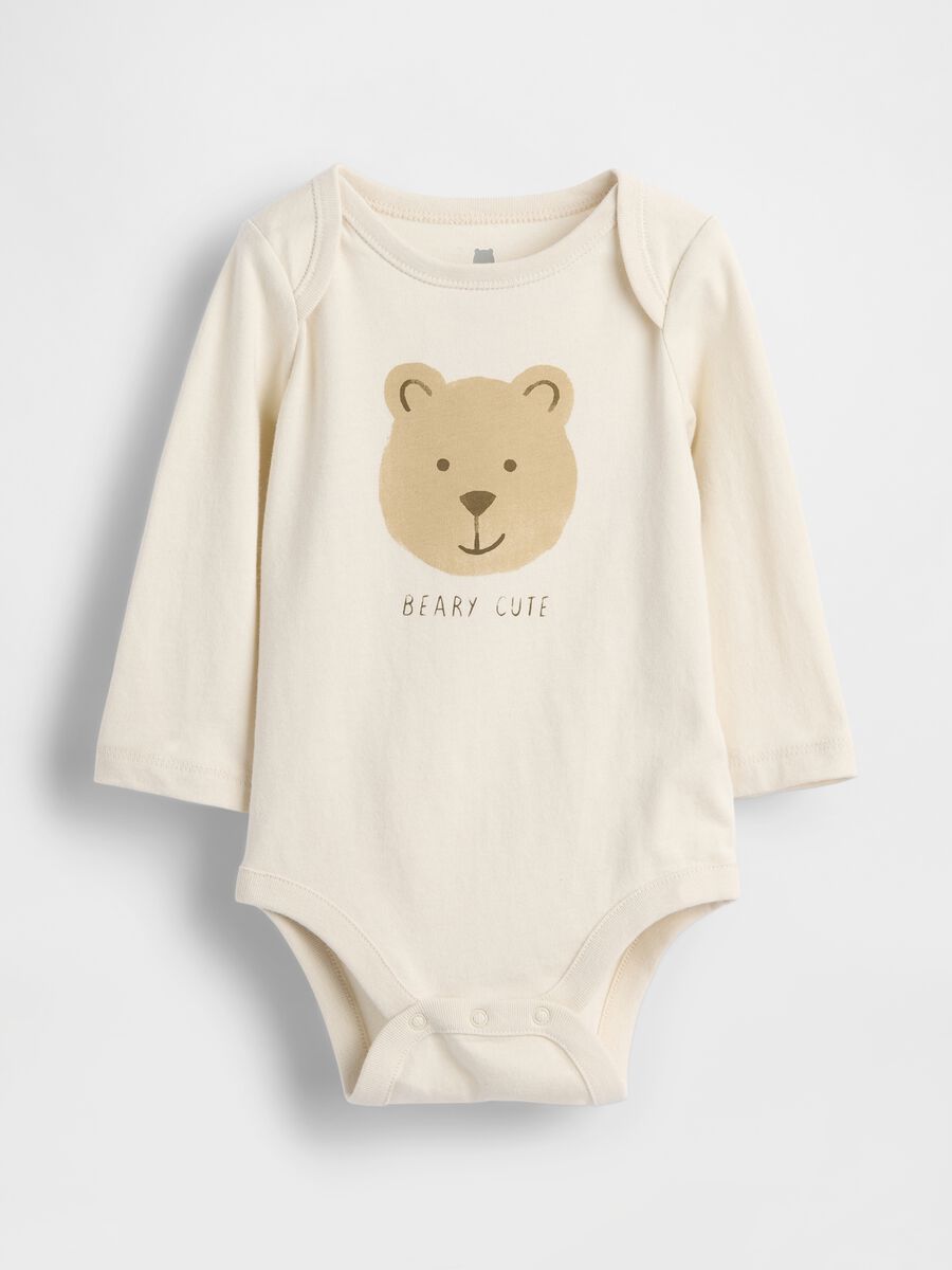 Beige cotton bodysuit with teddy bear print Newborn Boy_0