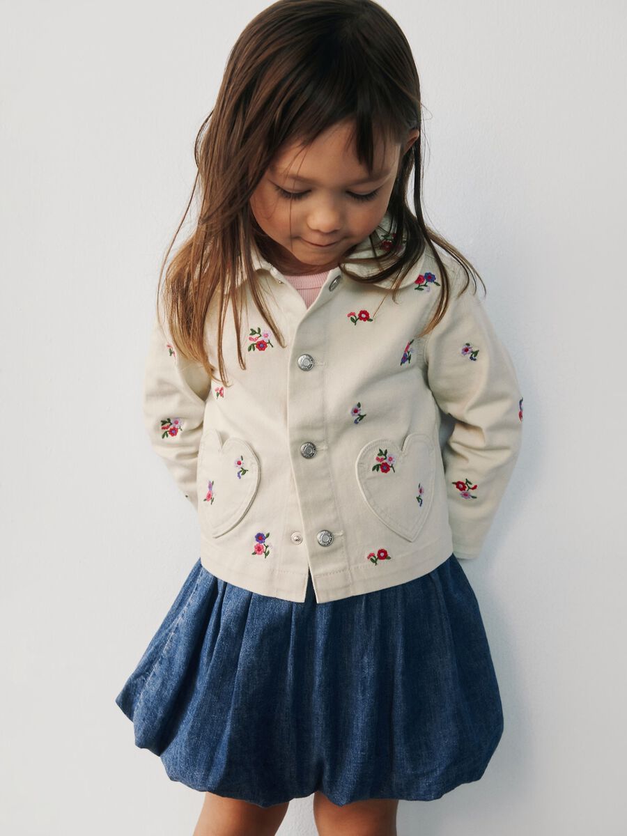 Embroidered Beige Denim Jacket Baby Girl_0