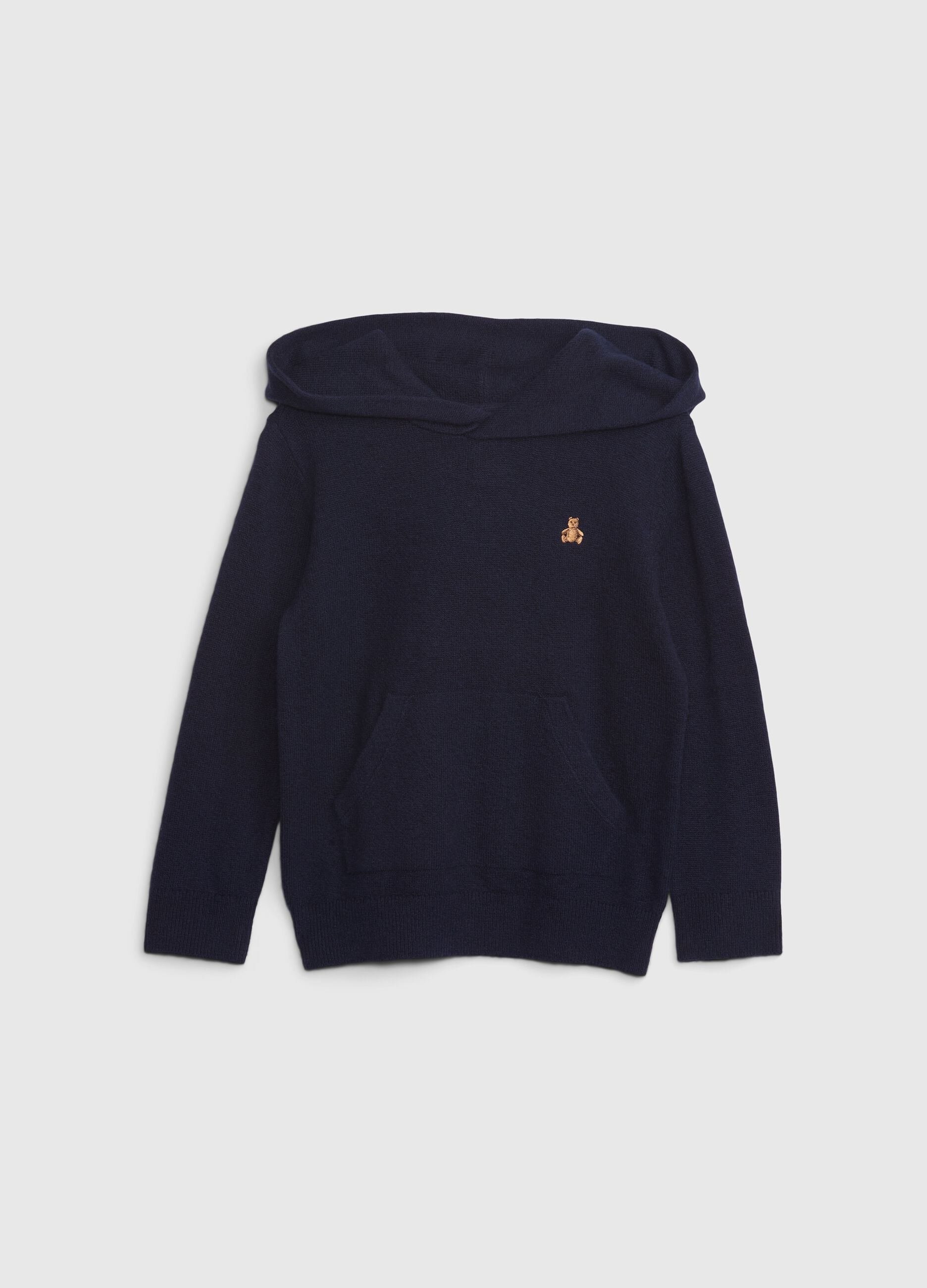 Knitted sweatshirt with hood and teddy bear embroidery
