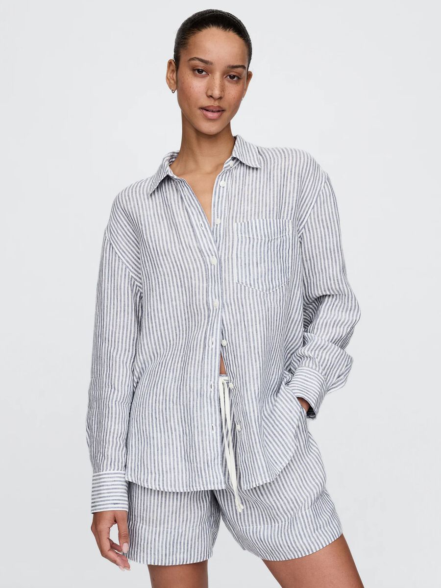 Camicia oversize a righe bianche e blu in lino Donna_0