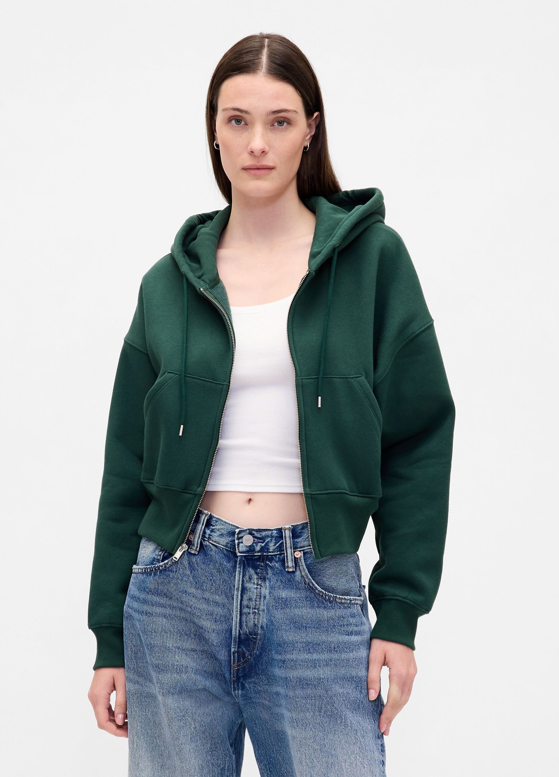 Felpa in maglia verde con cappuccio e zip