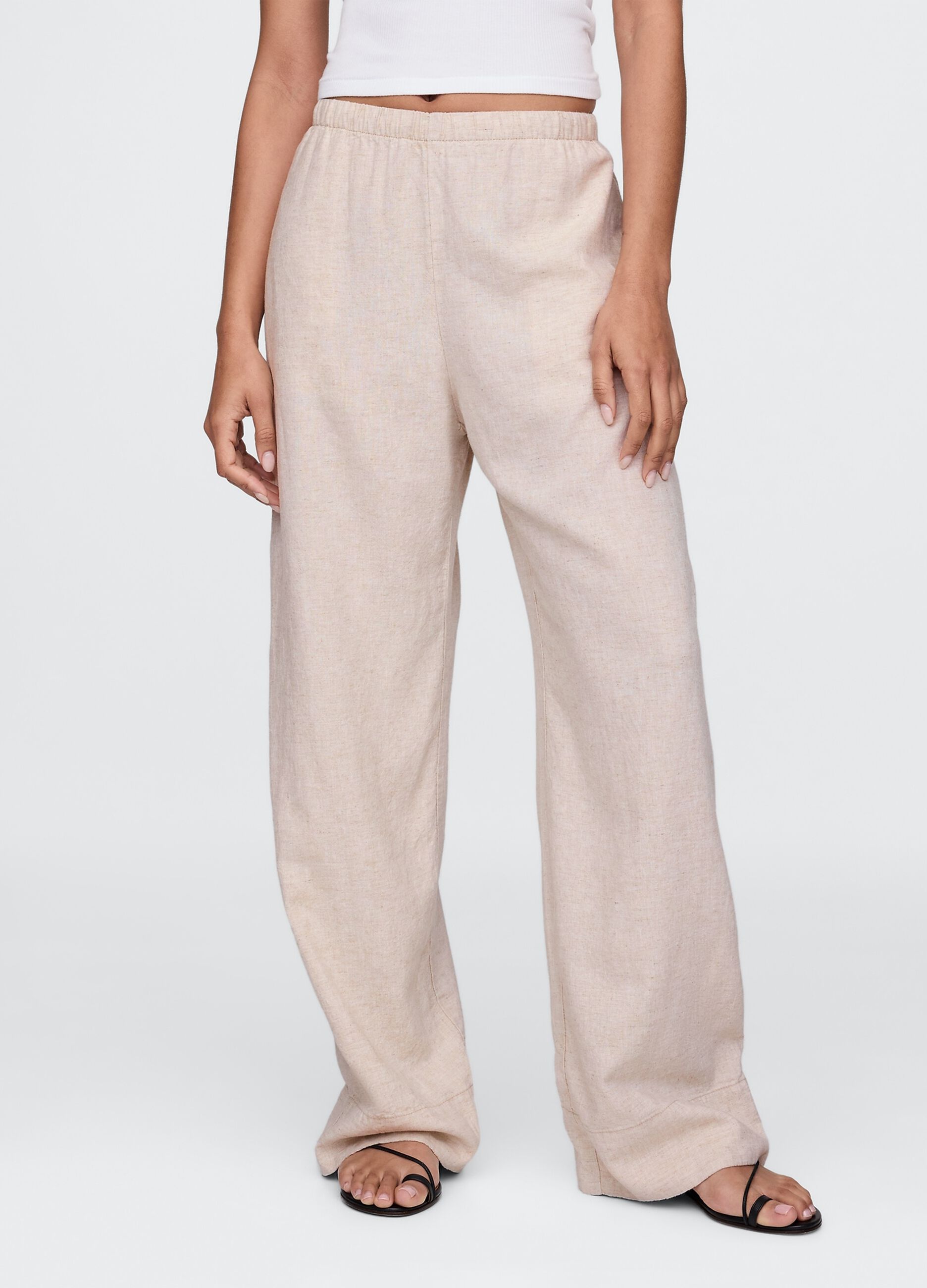 Pantaloni wide leg beige in lino e viscosa_1