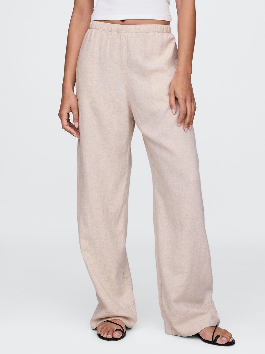 Pantaloni wide leg beige in lino e viscosa Donna_1