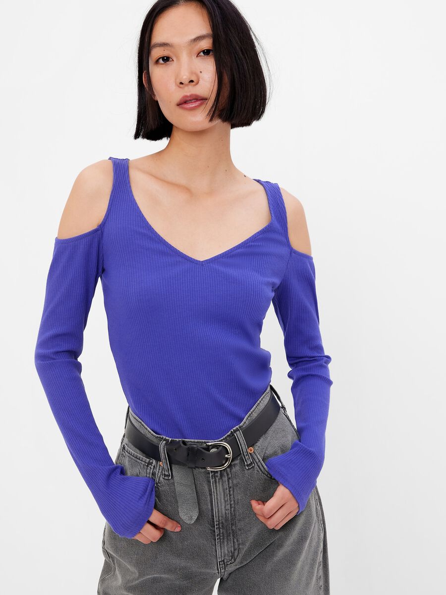 Ribbed T-shirt with cut-out shoulders Woman_0