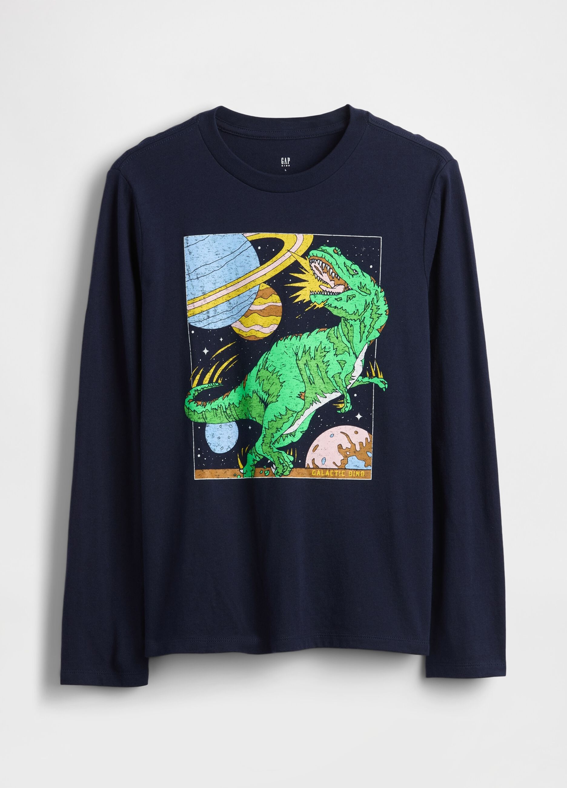 T-shirt a maniche lunghe blu in cotone con stampa dinosauro
