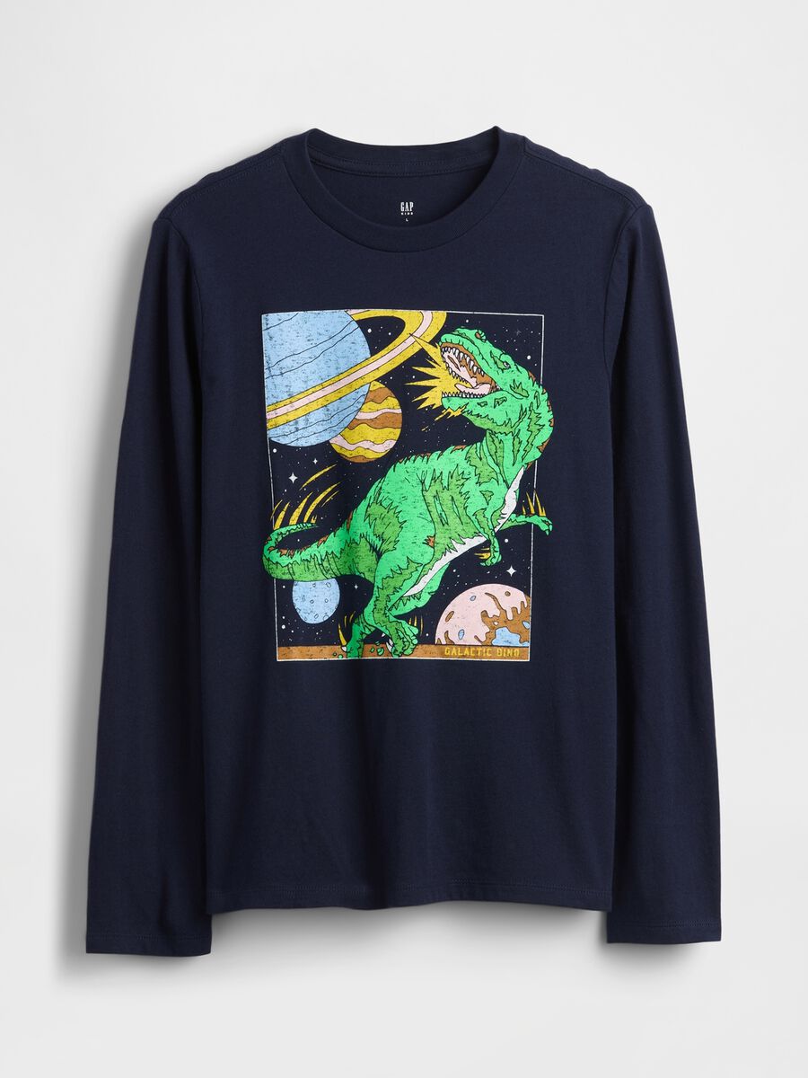 T-shirt a maniche lunghe blu in cotone con stampa dinosauro Bambino_0