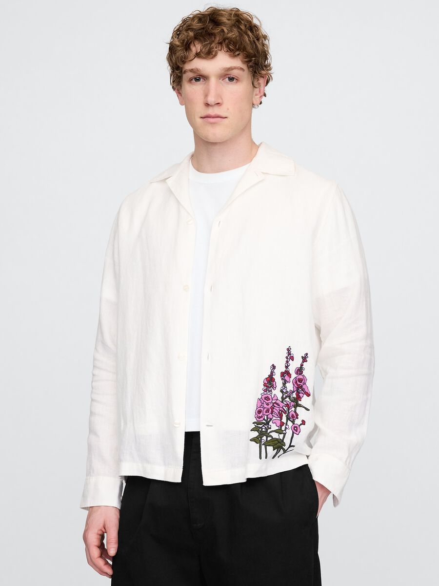 Camicia bianca con ricamo floreale Uomo_0