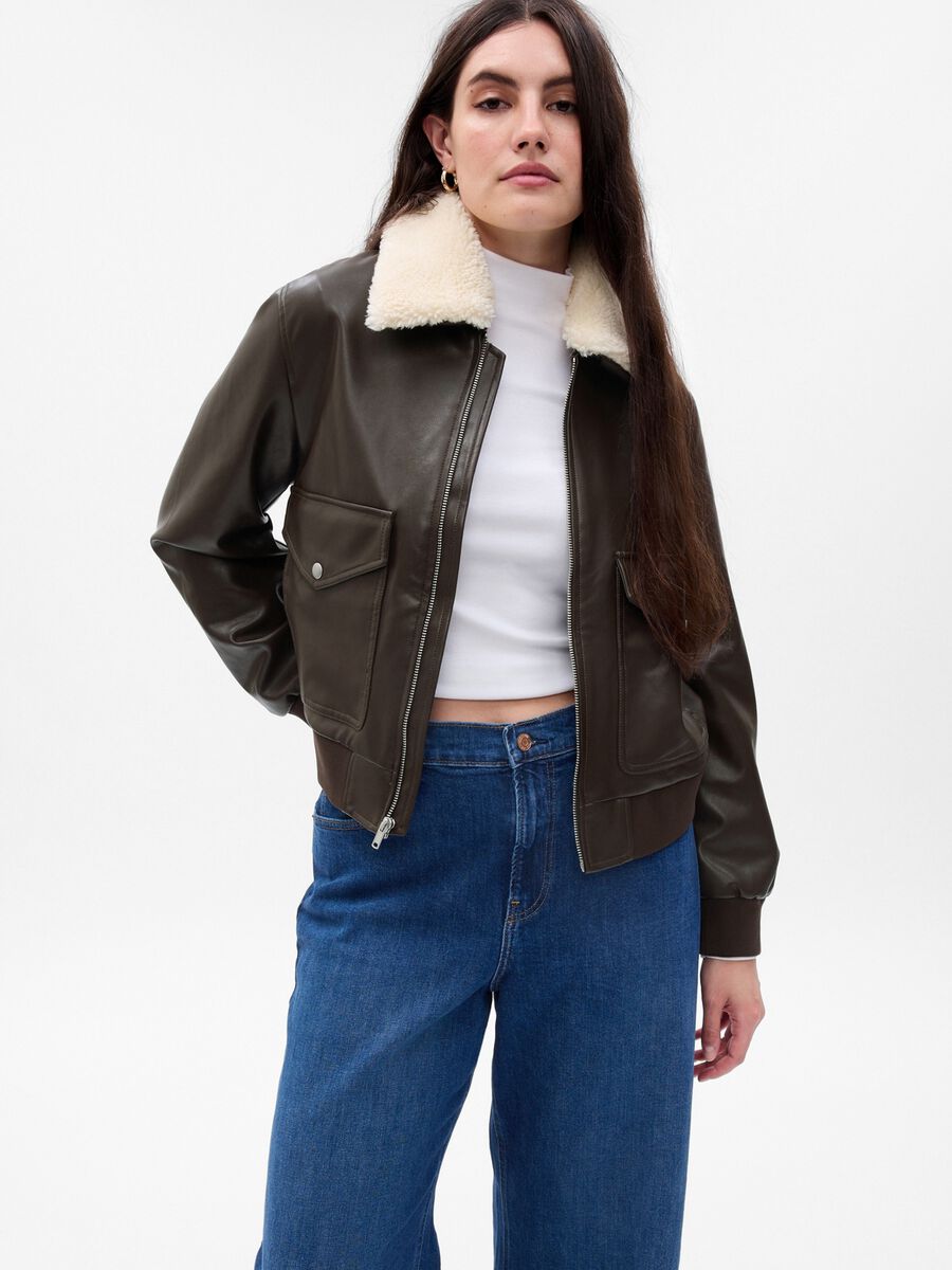 Glossy-effect bomber jacket with sherpa collar Woman_3