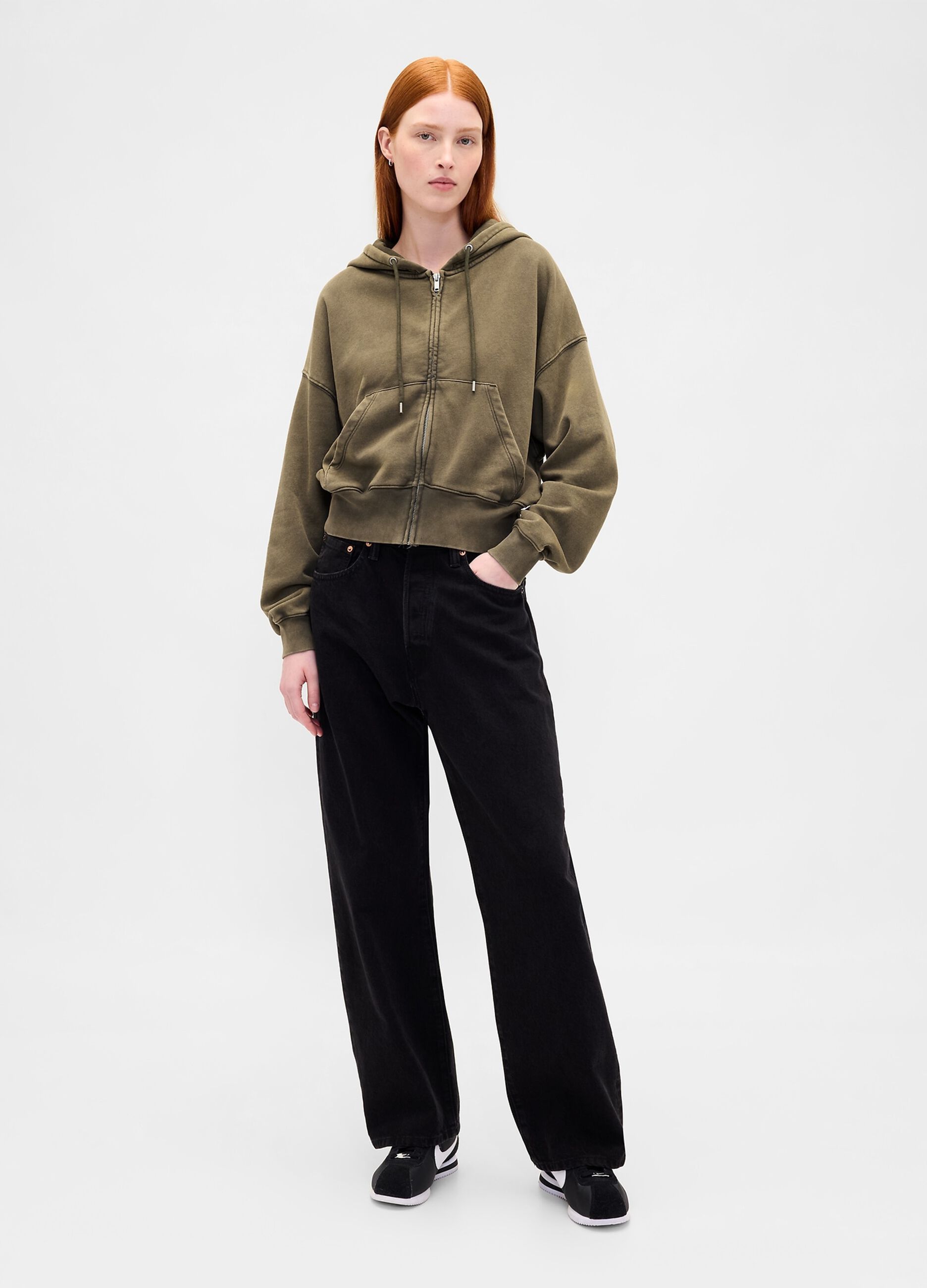 Felpa verde con cappuccio e zip