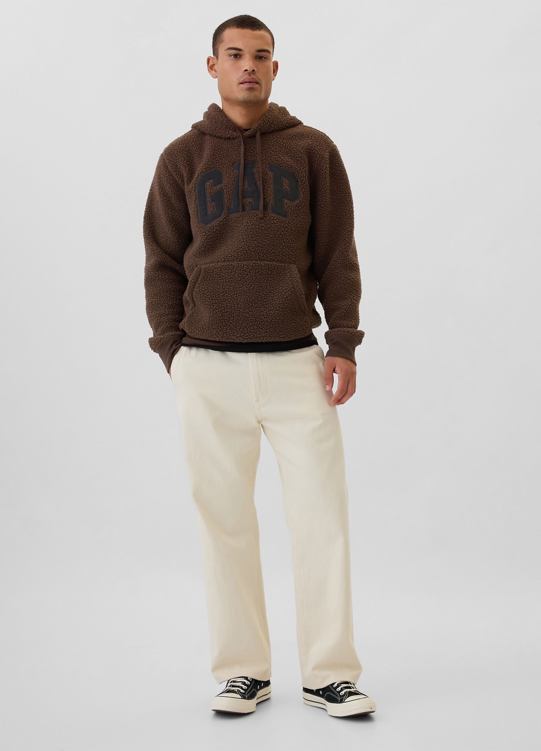Felpa in pile borg con cappuccio e ricamo logo_1