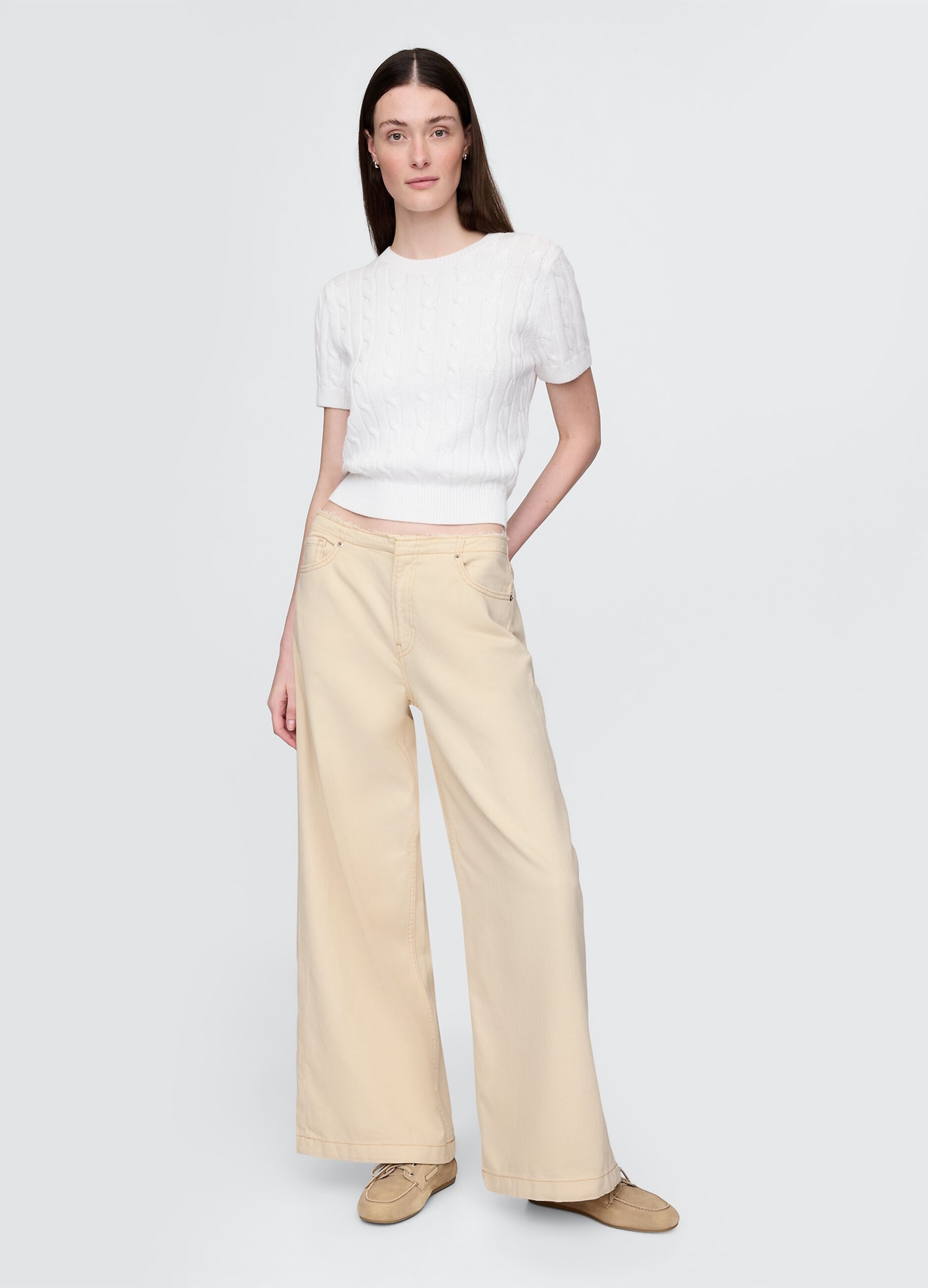 Pantaloni a zampa beige in cotone e Lyocell