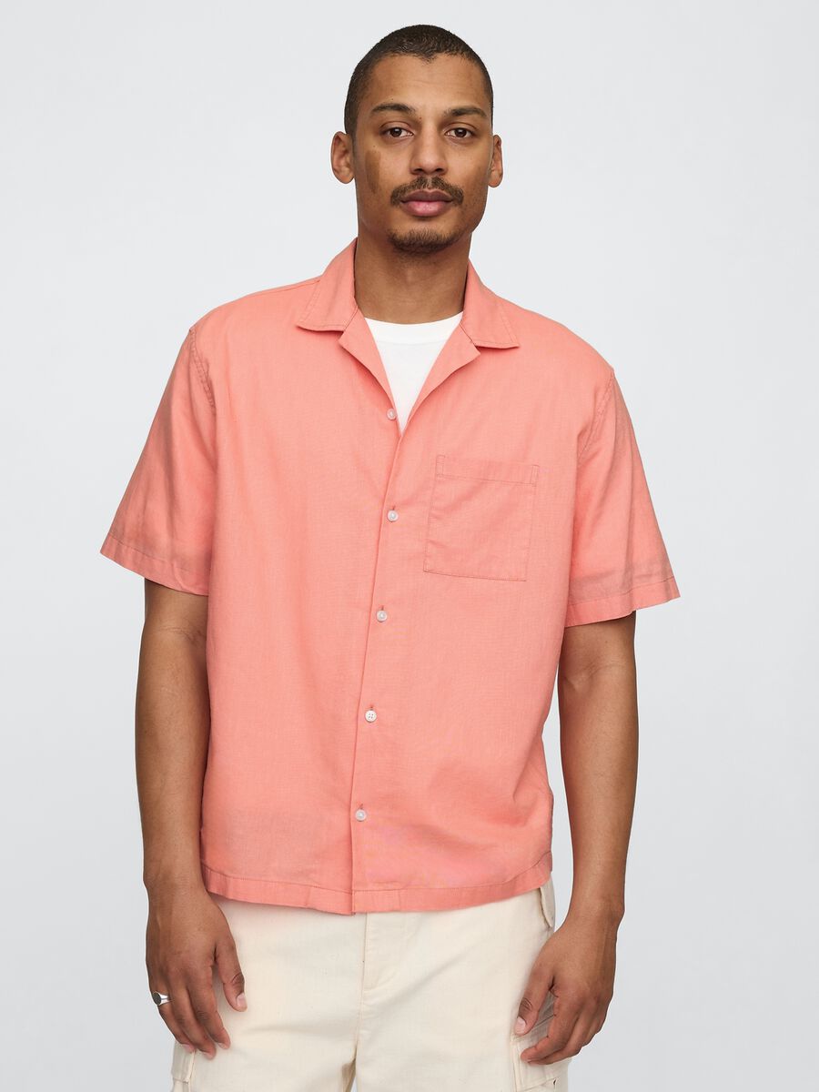 Camicia corta arancione in lino e cotone Uomo_0