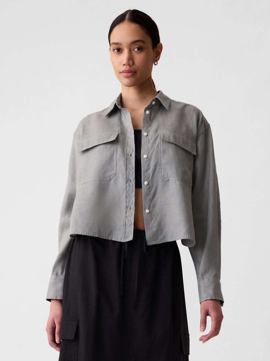 Camicia crop in lino con tasche Donna_0