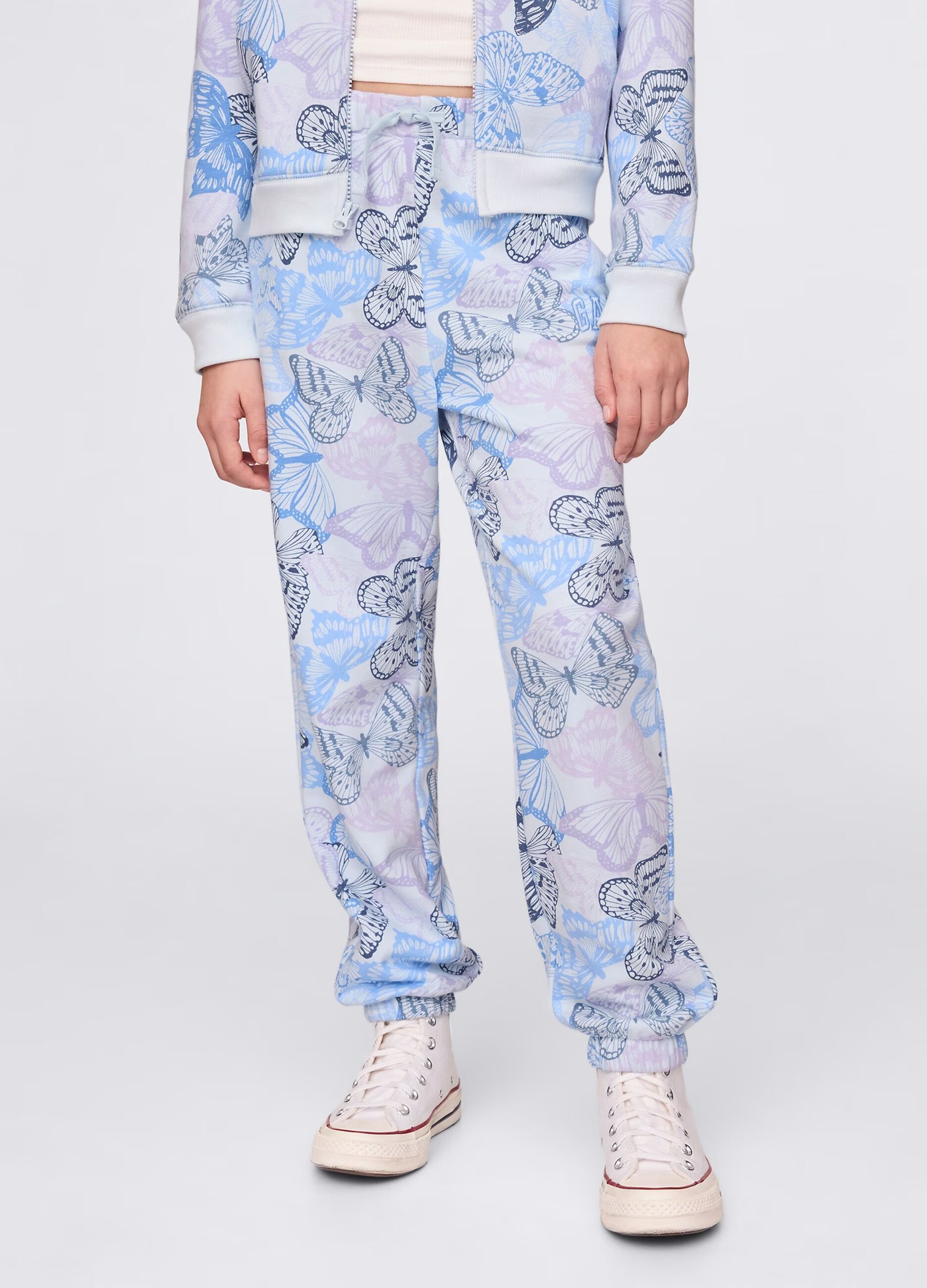 Joggers azzurro con coulisse stampa farfalle e ricamo logo_1