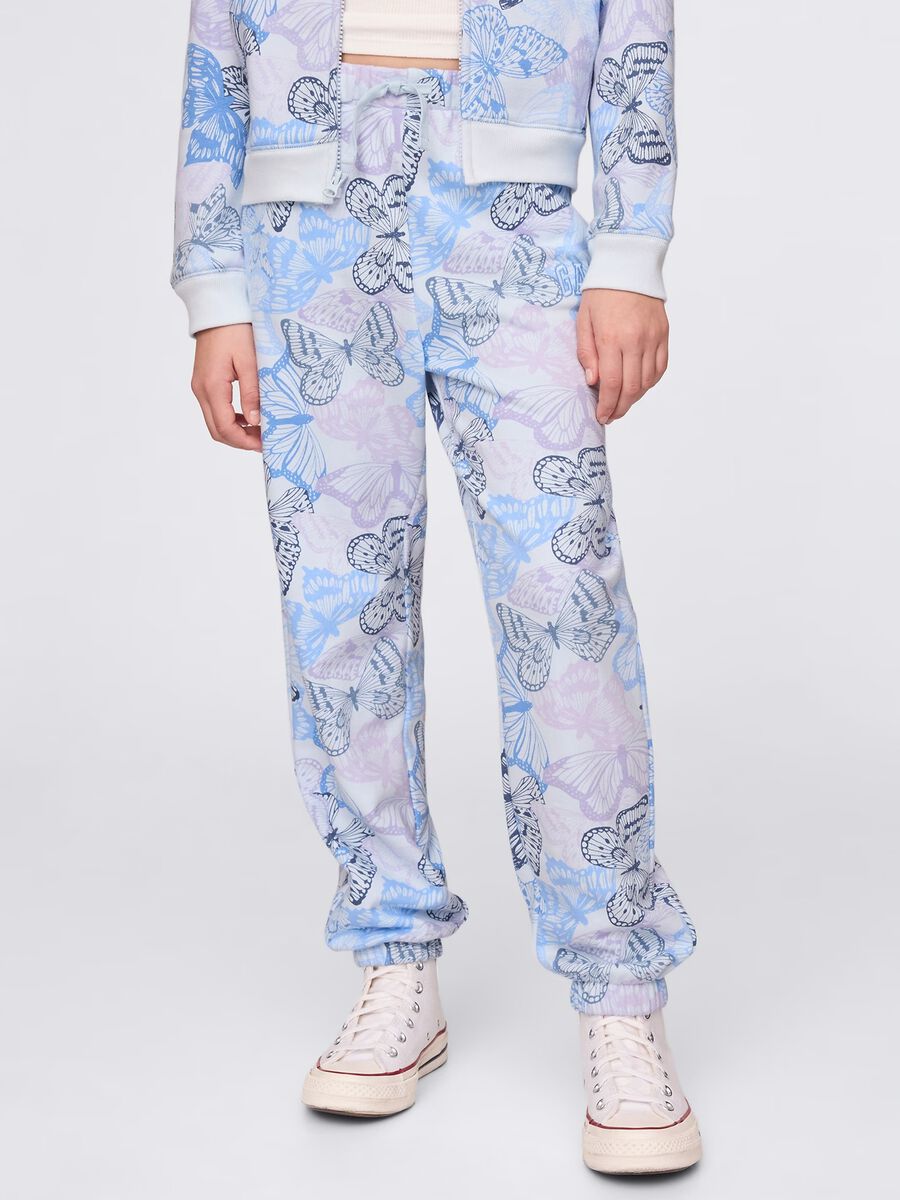 Joggers azzurro con coulisse stampa farfalle e ricamo logo Bambina_1