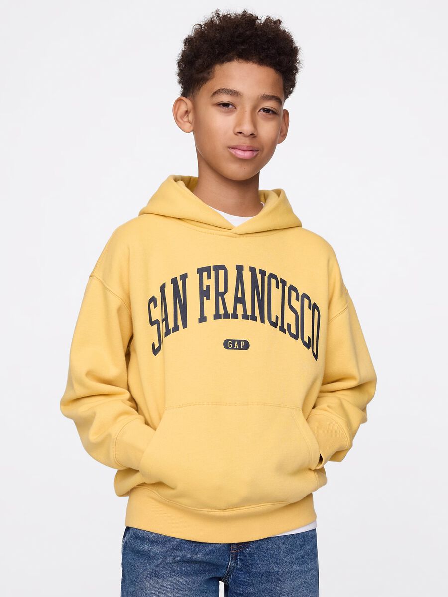Yellow cotton sweatshirt with hood and print Unisex_0