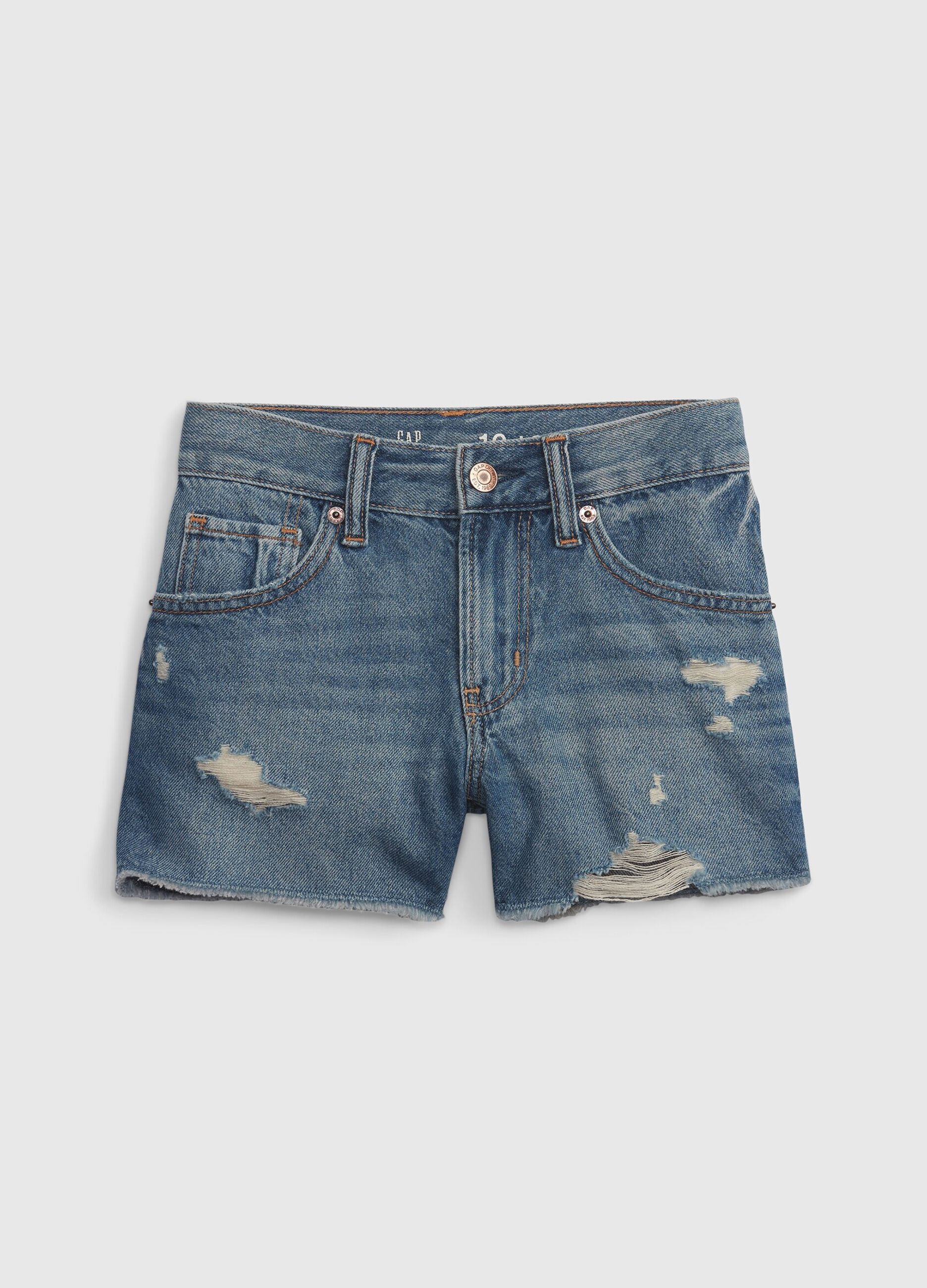 Acid wash denim shorts with worn effect