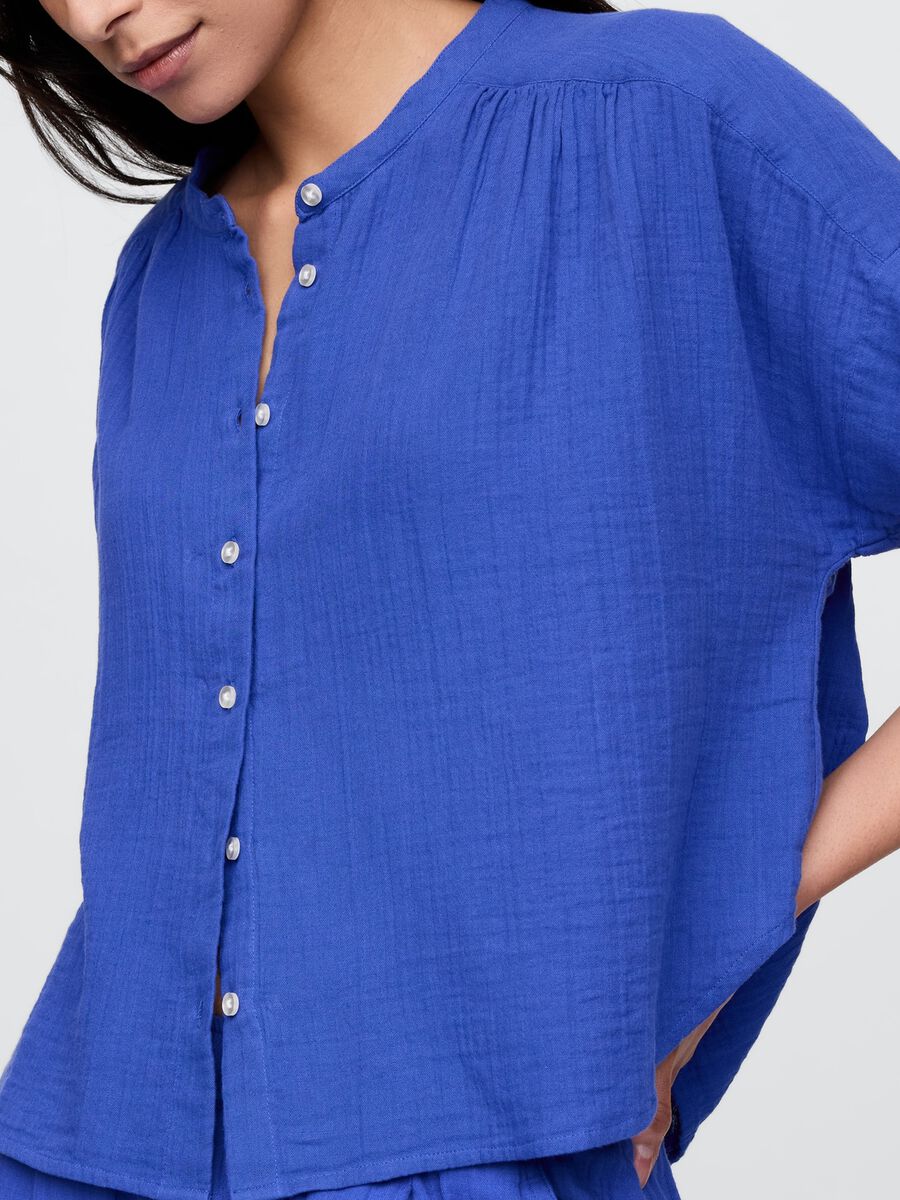 Blusa blu in misto cotone e viscosa con maniche corte Donna_3