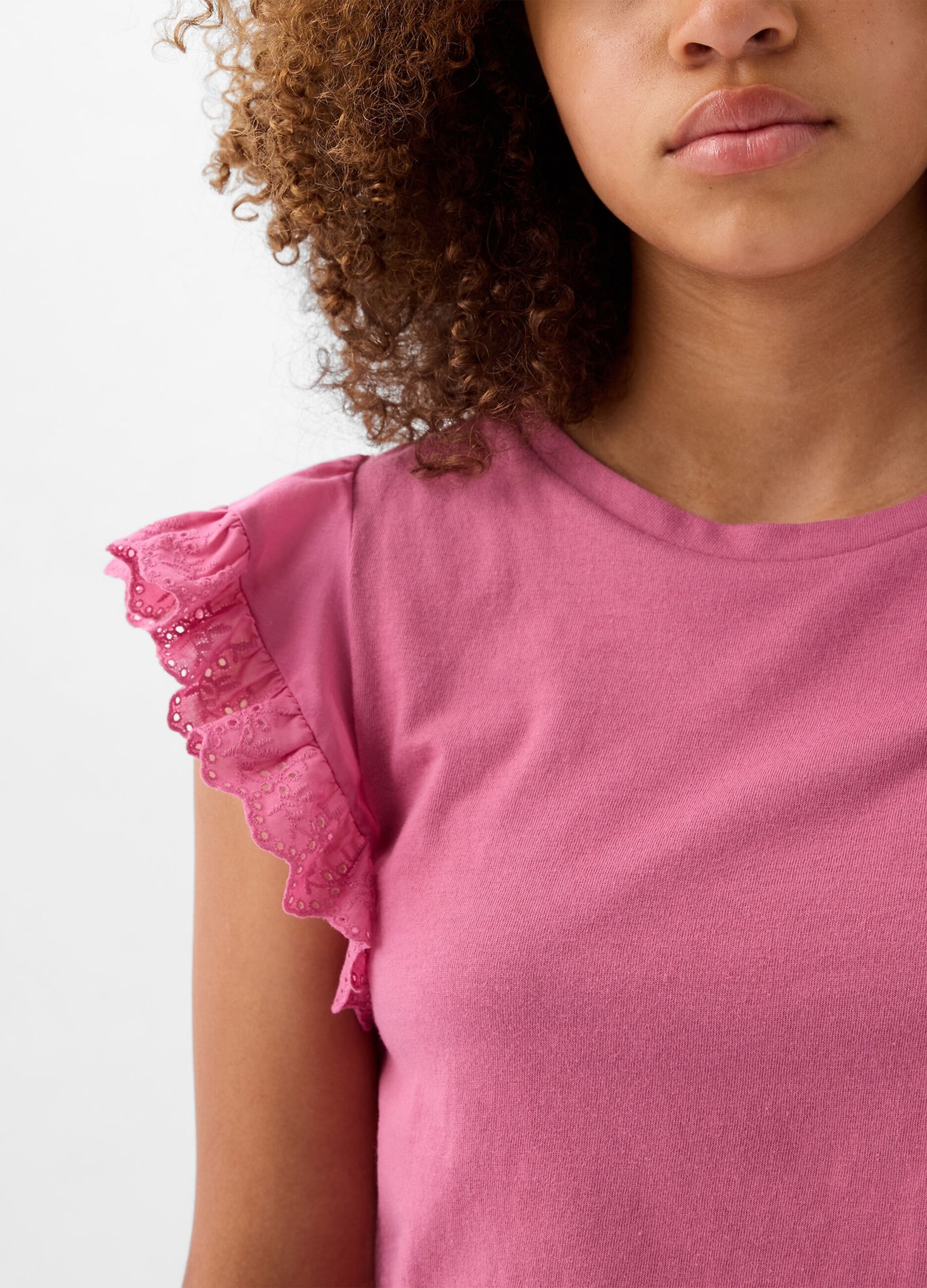 Cotton T-shirt with broderie anglaise flounces_1