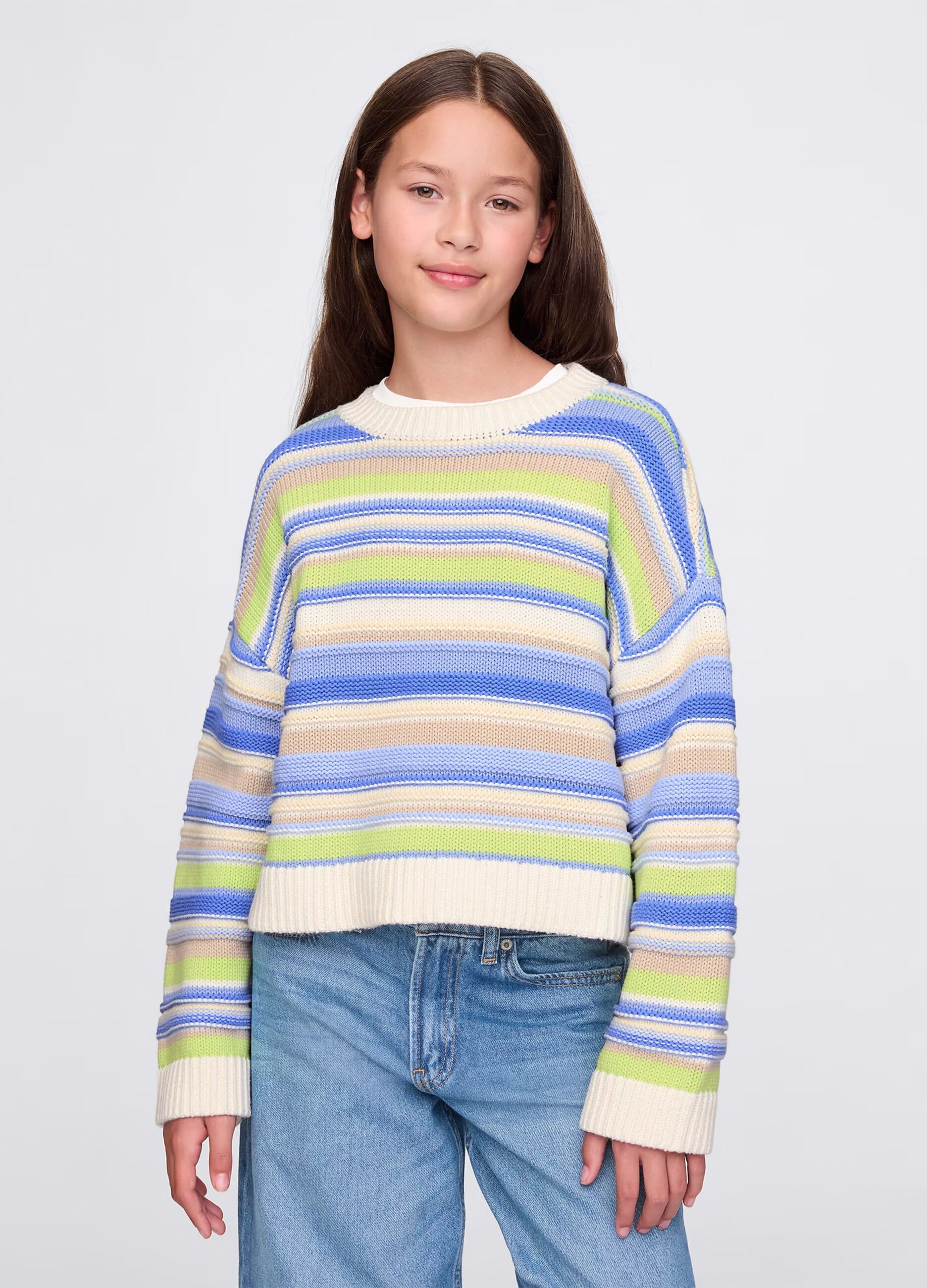 Pullover verde e azzurro in cotone a righe