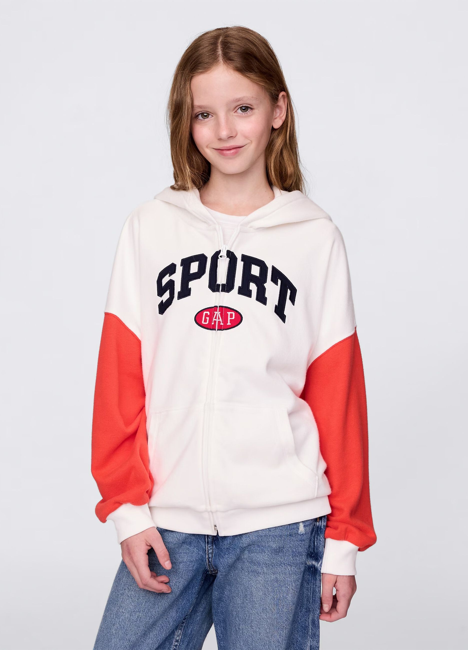 Full-zip bianca e rossa con cappuccio e ricamo logo