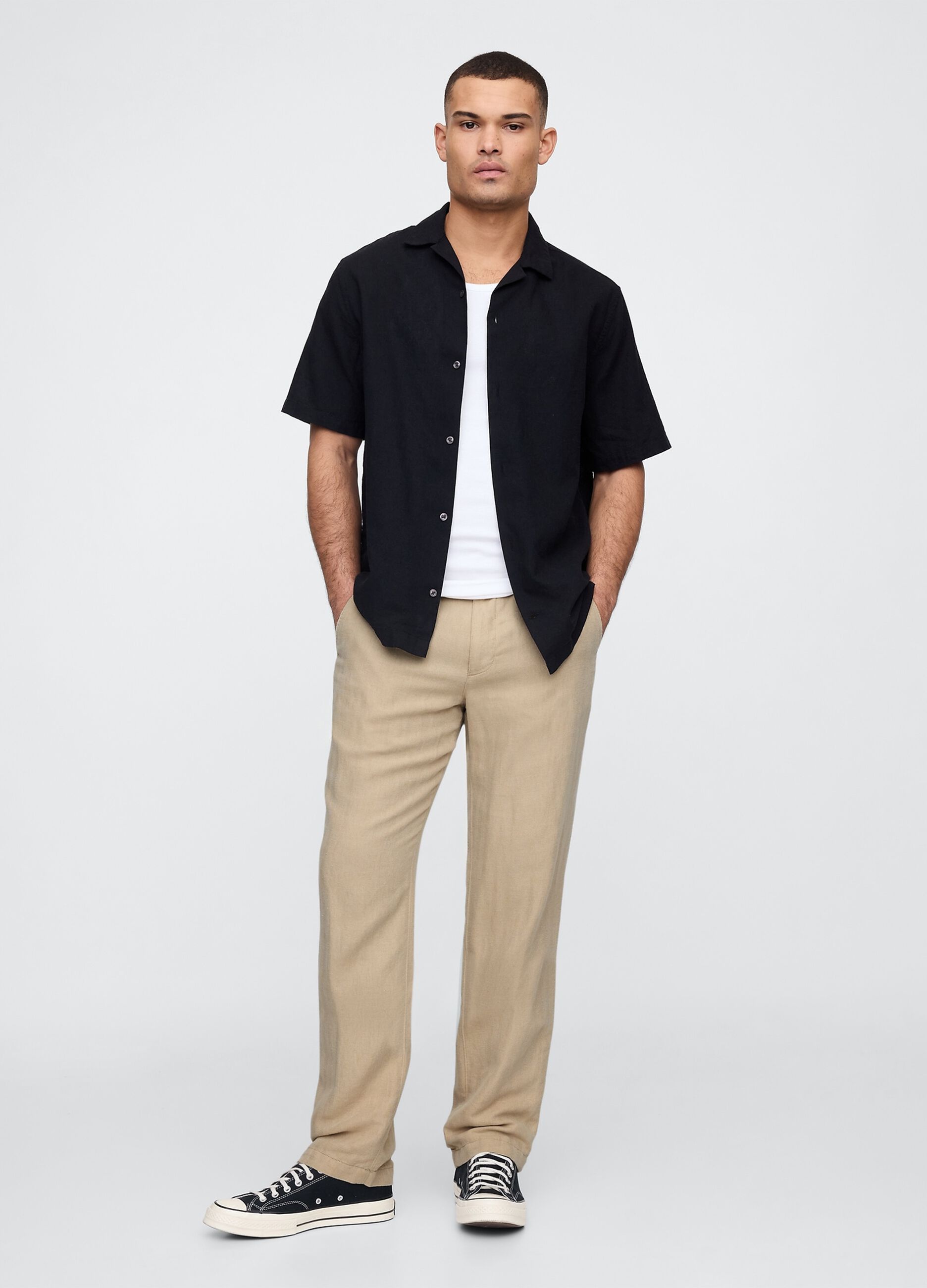 Pantaloni regular beige in lino e cotone
