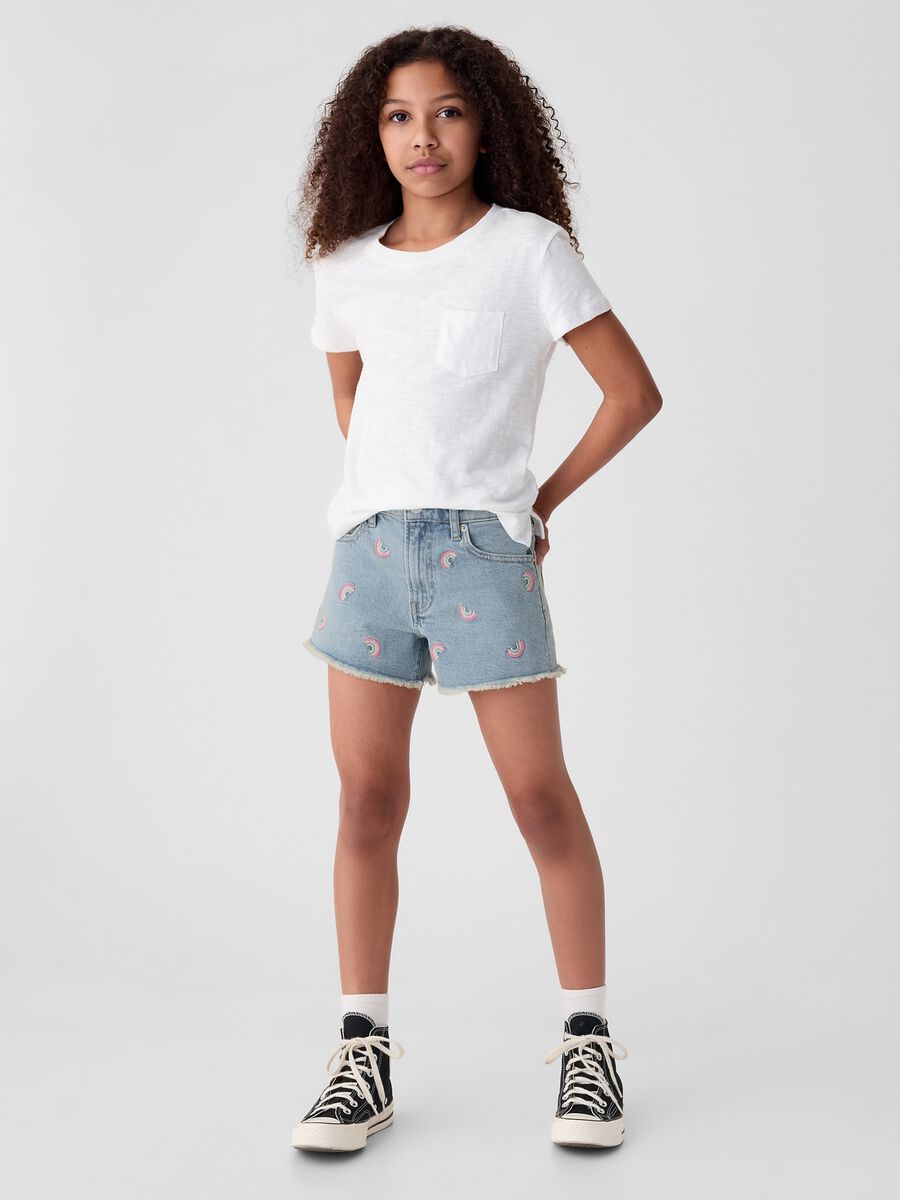 Shorts in denim con ricamo arcobaleno Bambina_0