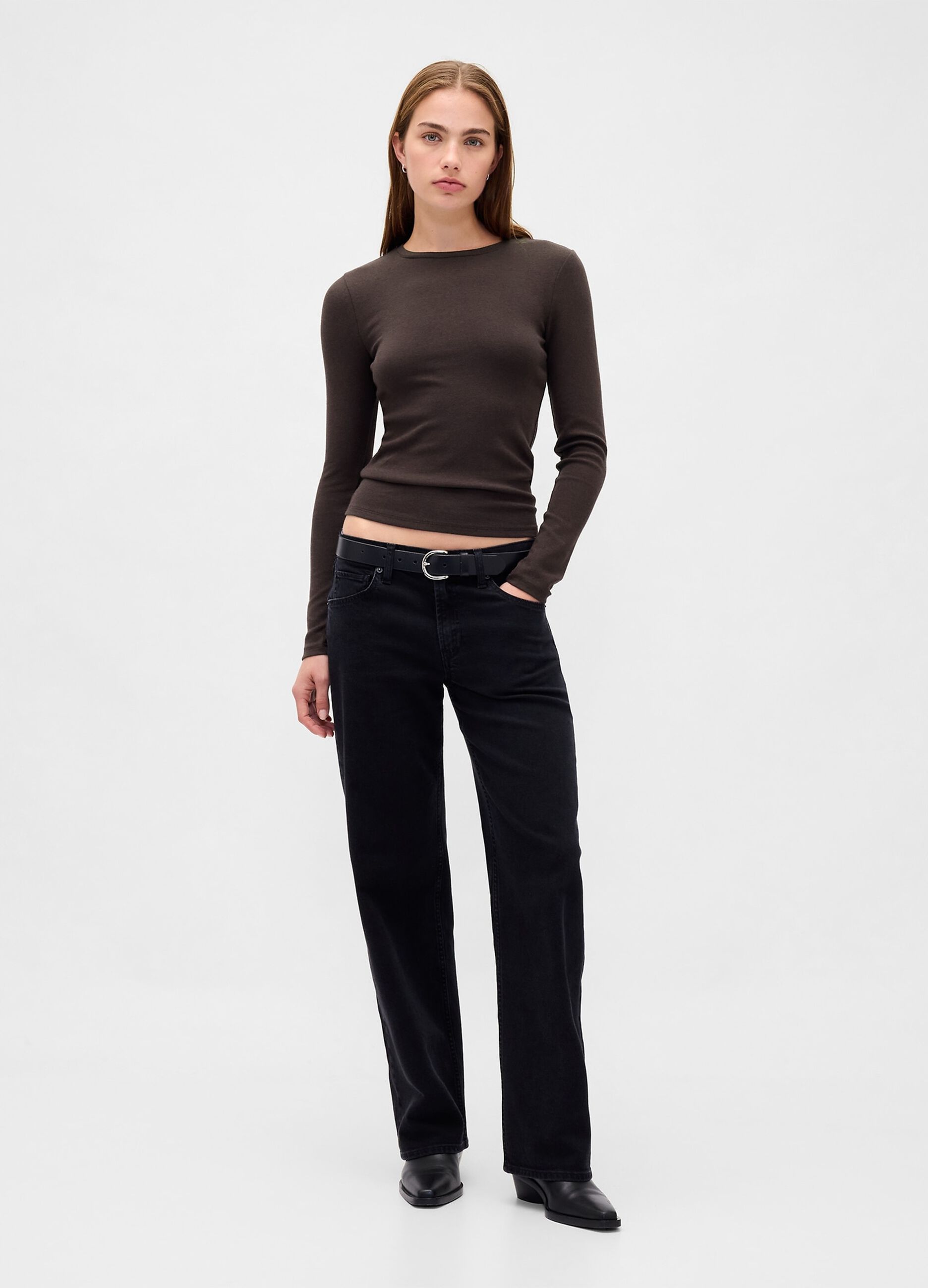 Maglia marrone a maniche lunghe elasticizzata_1