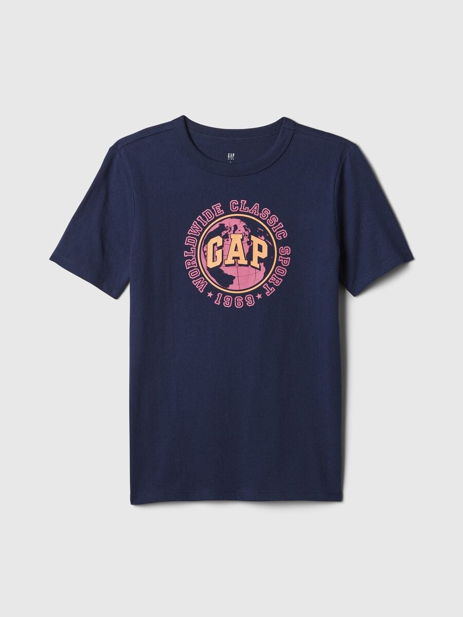 T-shirt in cotone stampa globo terrestre e logo Bambino_0